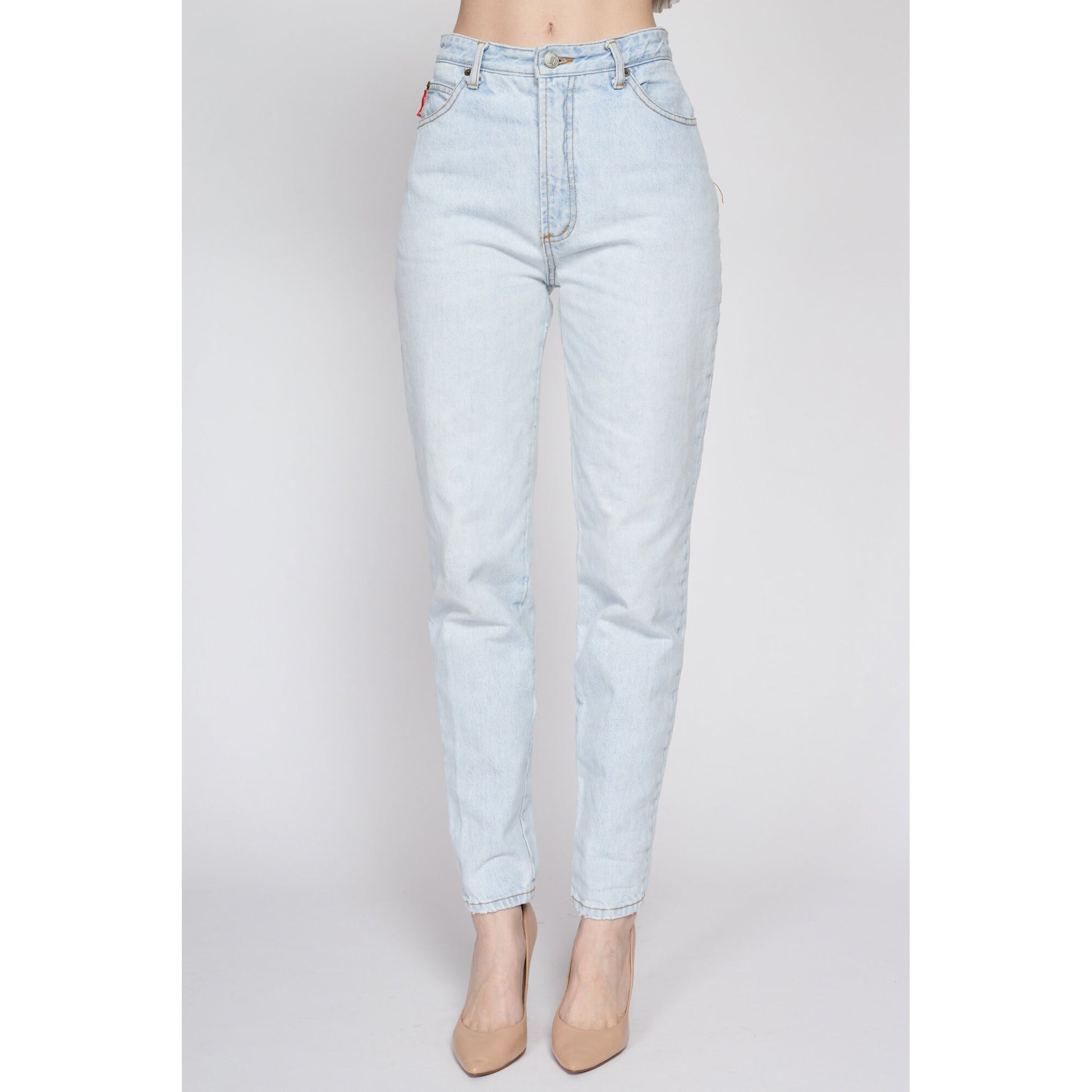 Small 90s Bongo High Waisted Light Wash Jeans 26.5" | Vintage Faded Denim Tapered Leg Mom Jeans