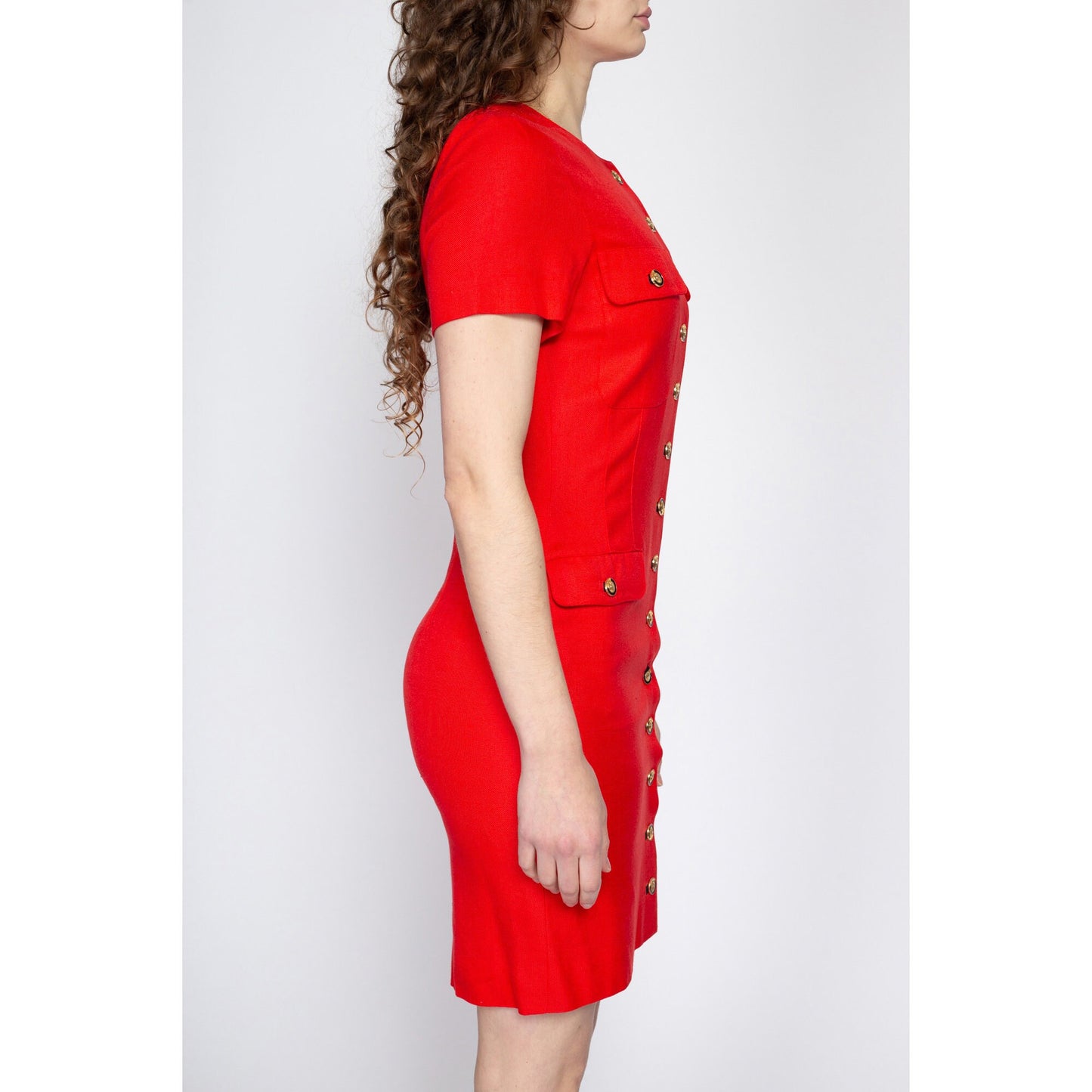 Small 90s Louis Feraud Red Mini Dress | Vintage Button Up Short Sleeve Secretary Dress