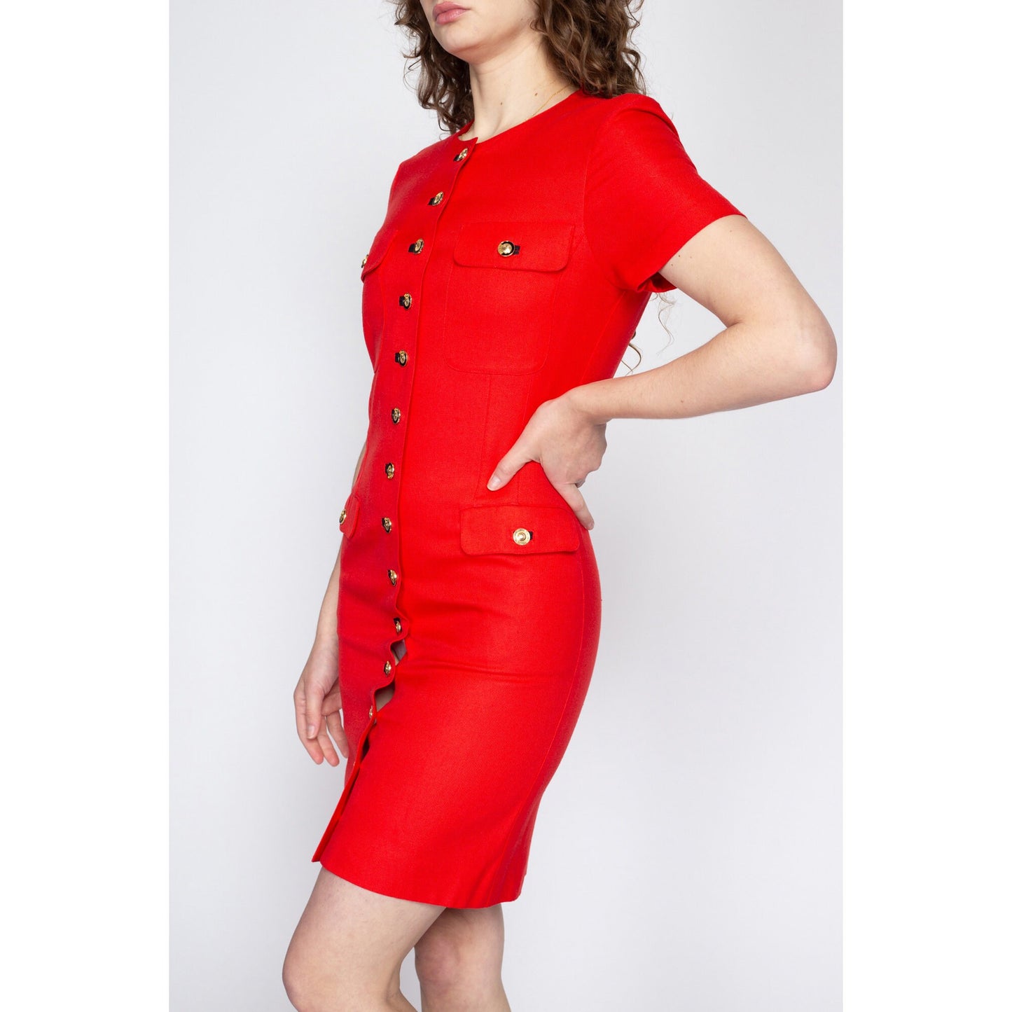 Small 90s Louis Feraud Red Mini Dress | Vintage Button Up Short Sleeve Secretary Dress