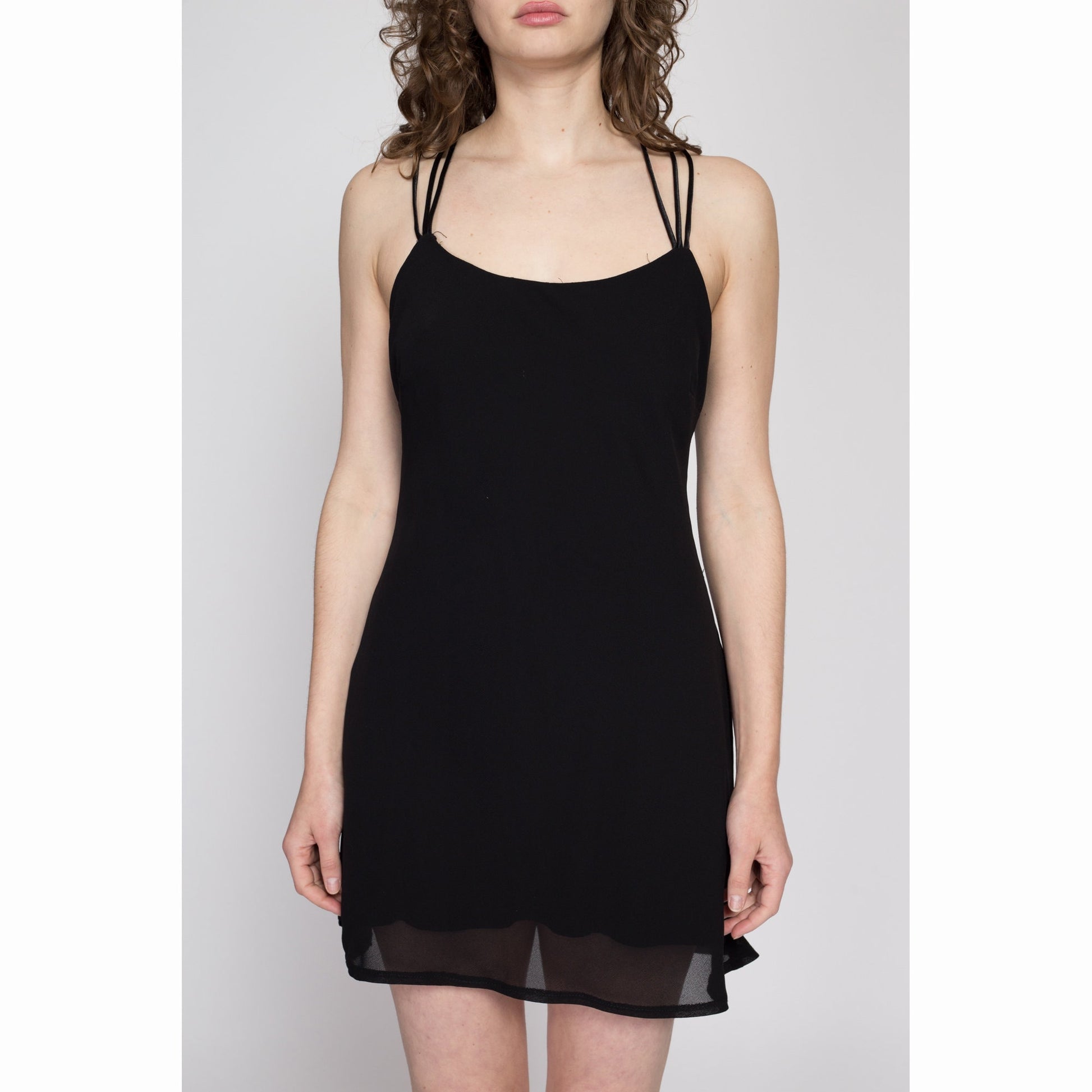 Medium 90s Black Strappy Cross Back Mini Dress | Vintage Backless Fit & Flare Party Dress