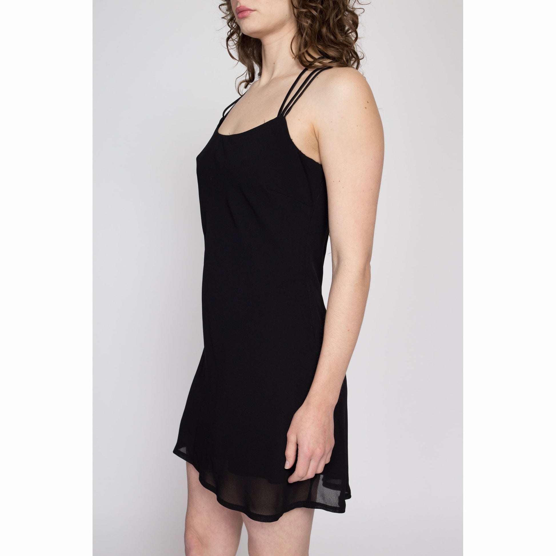 Medium 90s Black Strappy Cross Back Mini Dress | Vintage Backless Fit & Flare Party Dress