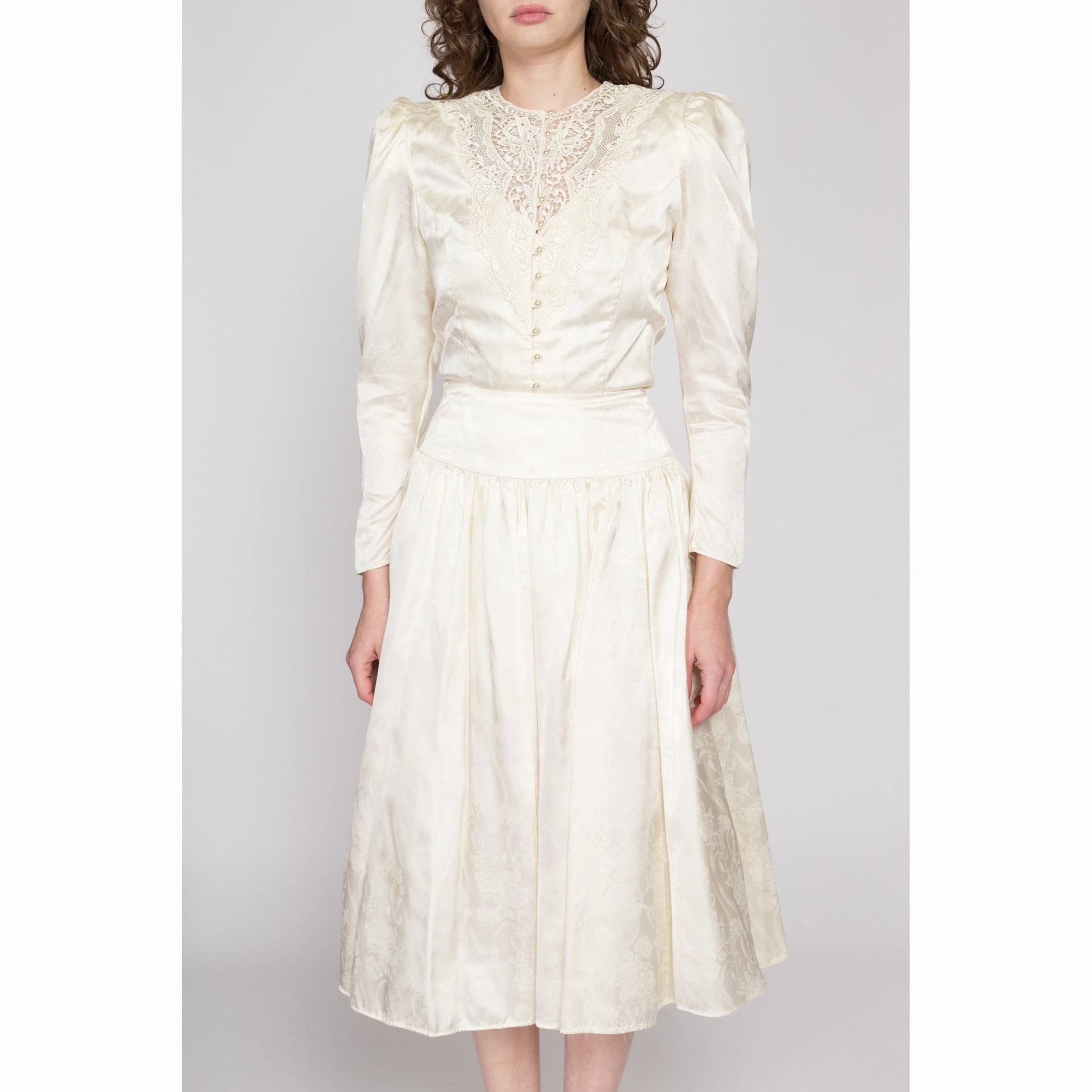 Small 80s Jessica McClintock Victorian Ivory Satin Skirt Suit | Vintage Button Up Jacket & High Waisted Midi Skirt Two Piece Bridal Outfit