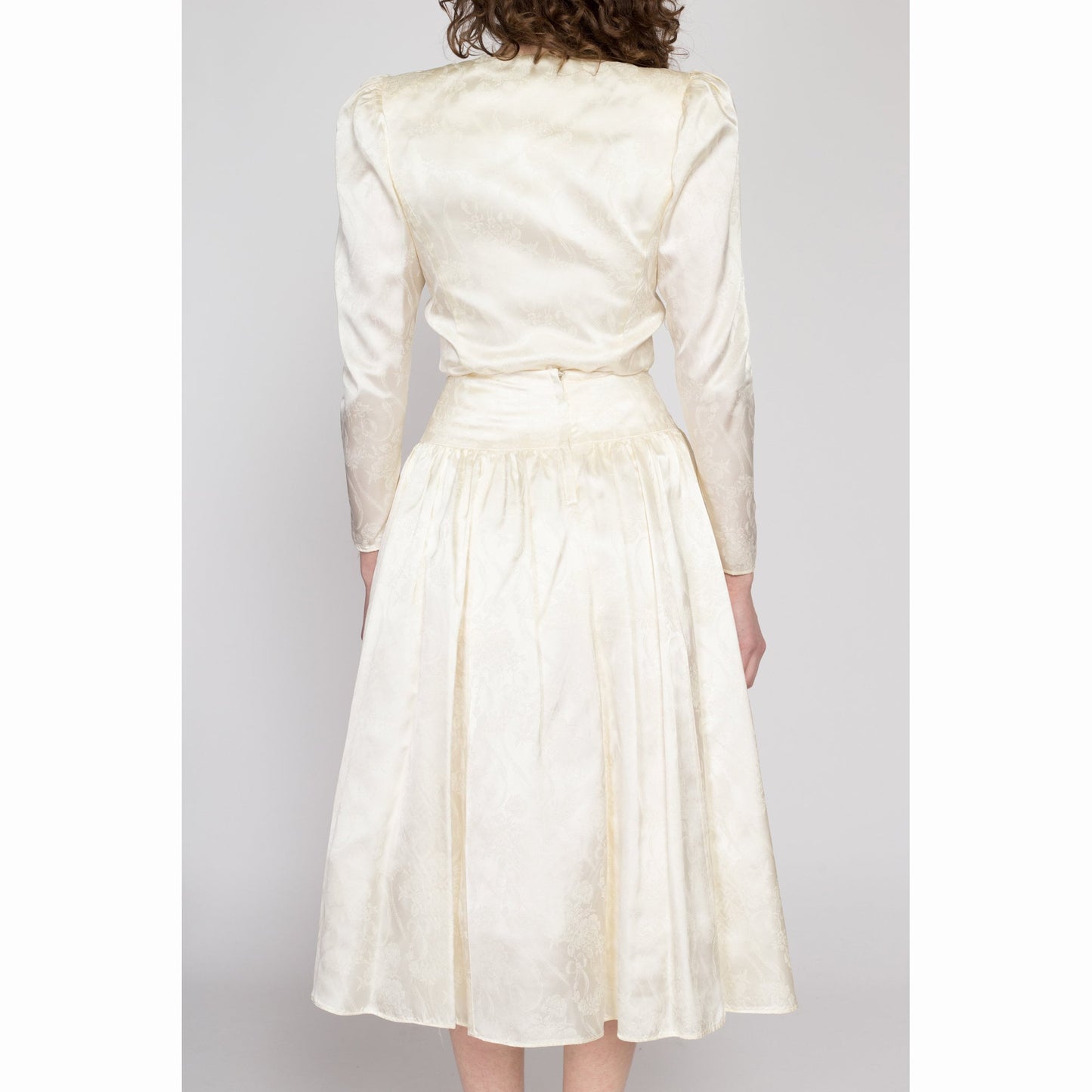 Small 80s Jessica McClintock Victorian Ivory Satin Skirt Suit | Vintage Button Up Jacket & High Waisted Midi Skirt Two Piece Bridal Outfit