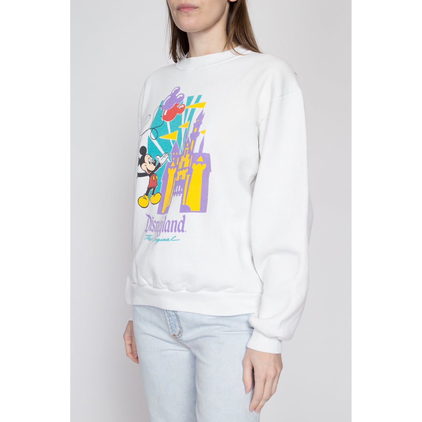 Medium 90s Disneyland Mickey Mouse Sweatshirt | Vintage White Graphic Cartoon Crewneck