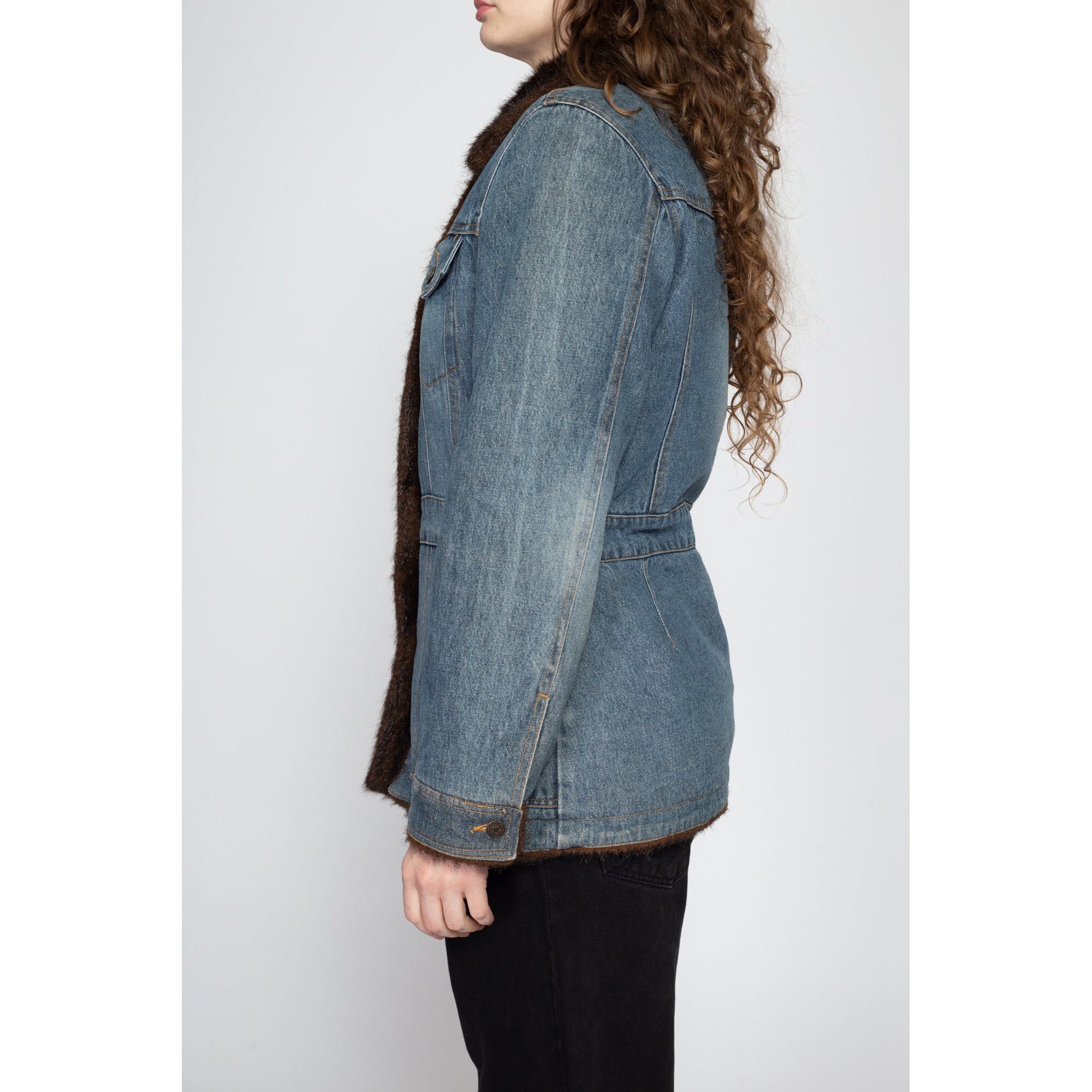 Medium 90s Denim Faux Fur Lined Jacket | Vintage Marvin Richards Cuffed Glam Jean Coat