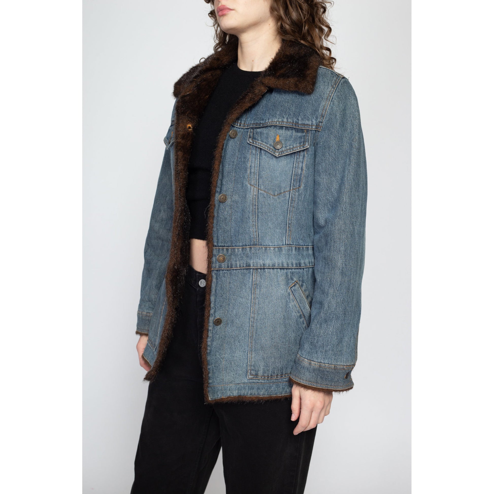 Medium 90s Denim Faux Fur Lined Jacket | Vintage Marvin Richards Cuffed Glam Jean Coat