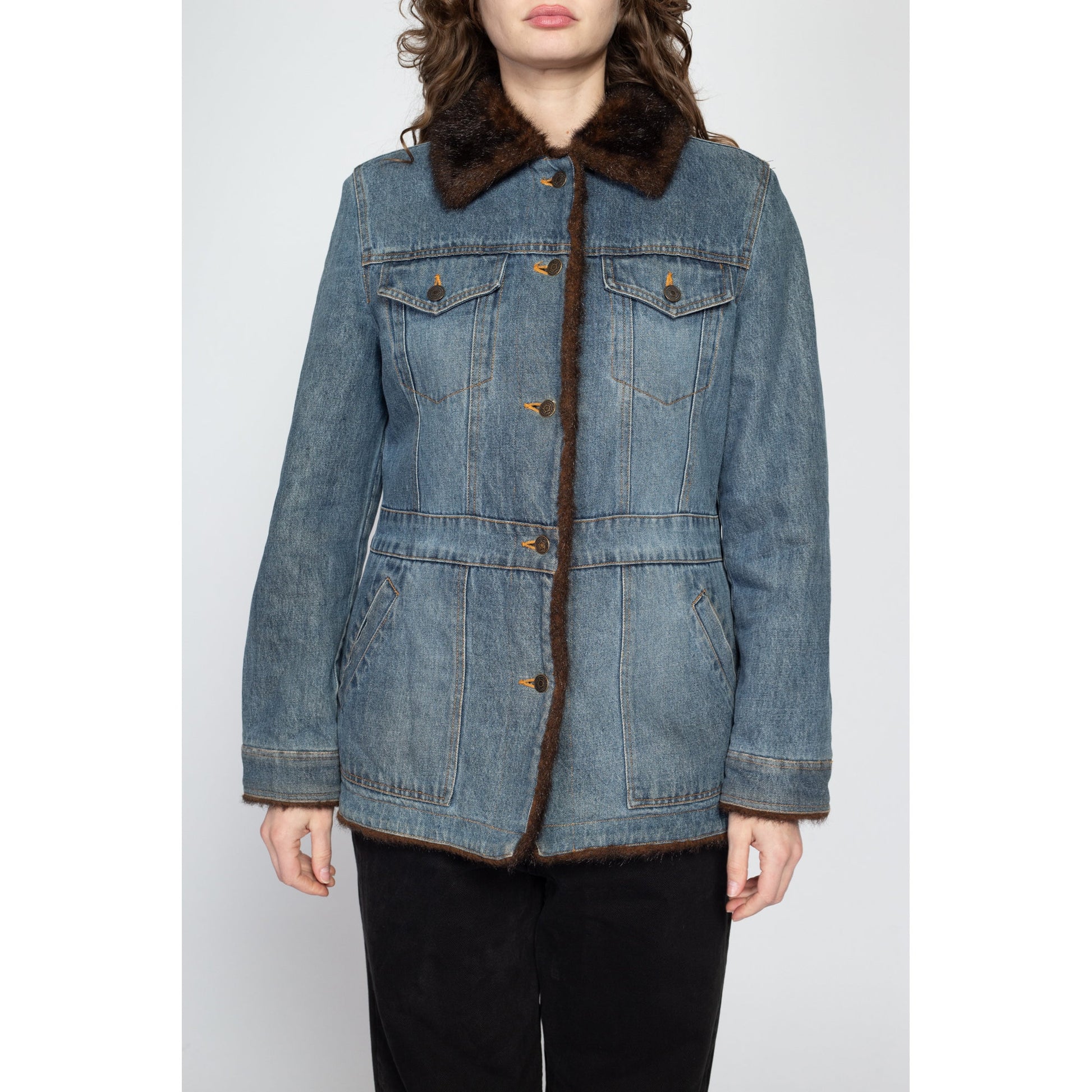 Medium 90s Denim Faux Fur Lined Jacket | Vintage Marvin Richards Cuffed Glam Jean Coat