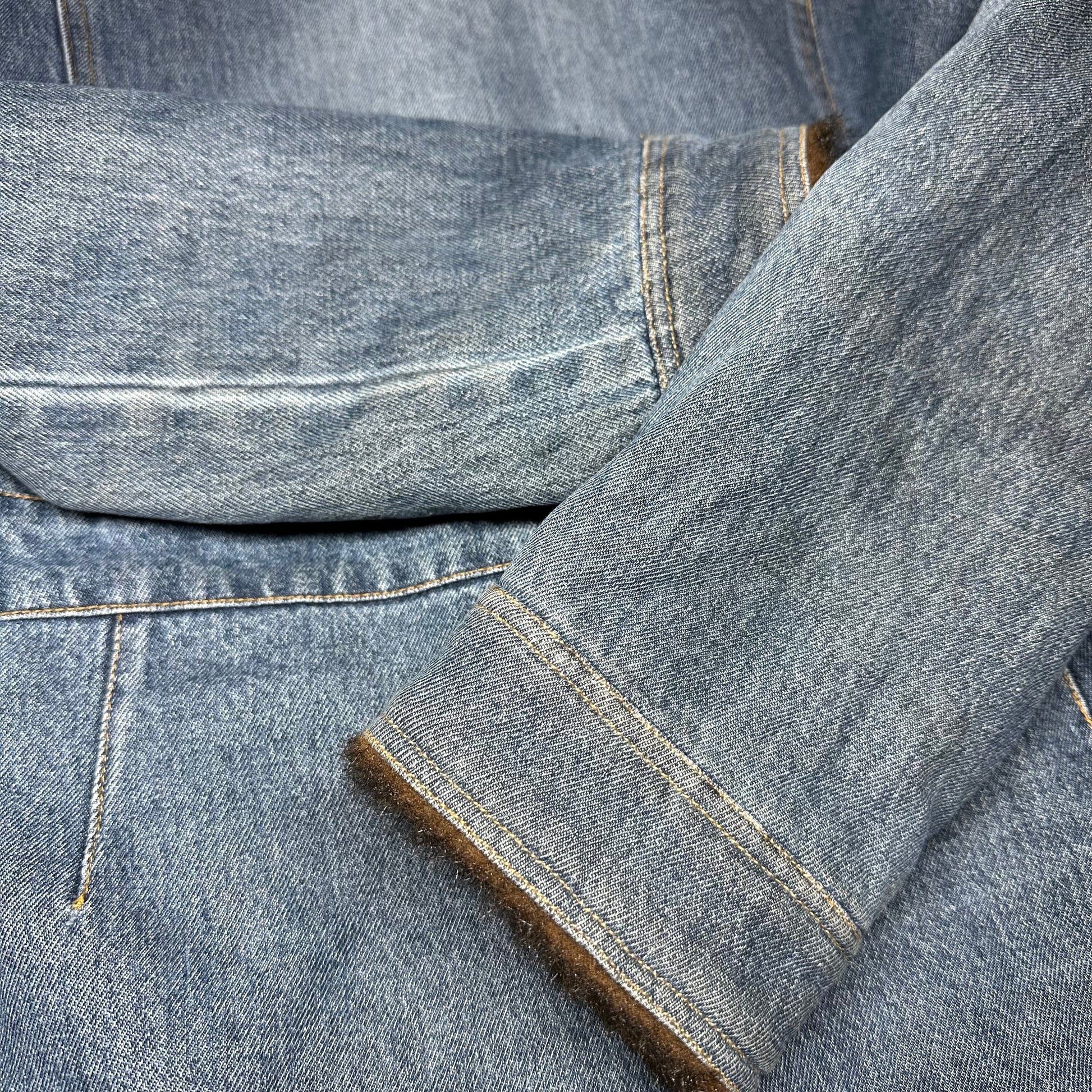 Medium 90s Denim Faux Fur Lined Jacket | Vintage Marvin Richards Cuffed Glam Jean Coat