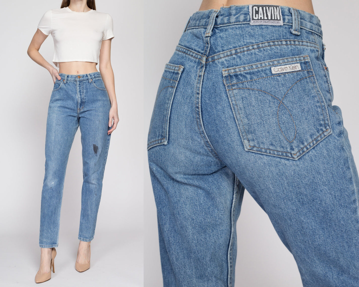 Small 80s Calvin Klein High Waisted Mom Jeans 27" | Vintage CK Denim Tapered Leg Distressed Jeans