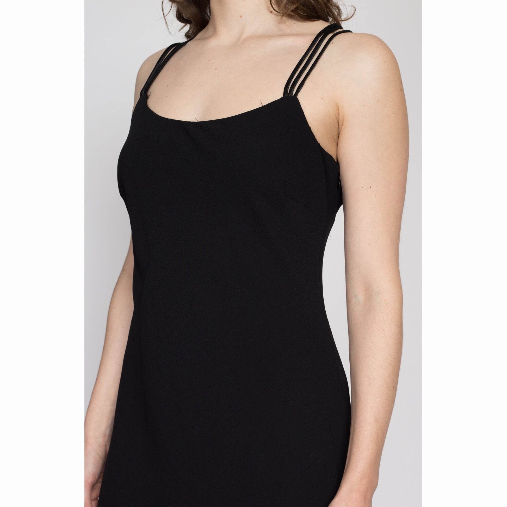 Medium 90s Black Strappy Cross Back Mini Dress | Vintage Backless Fit & Flare Party Dress