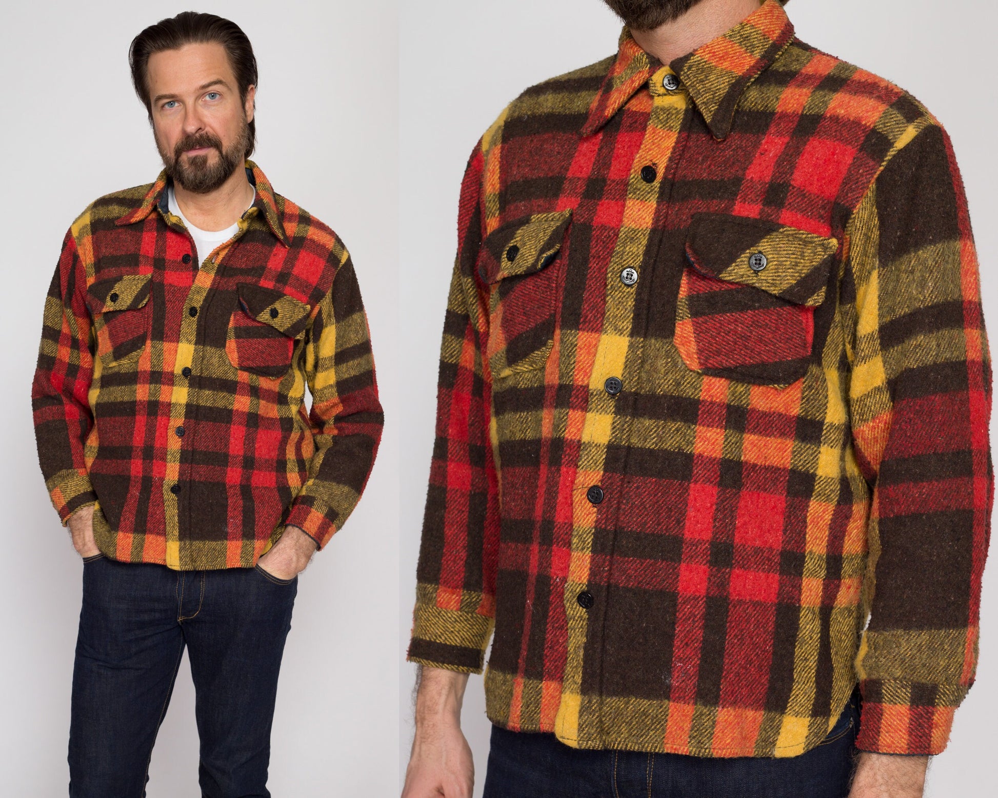 Medium Short 70s Red & Yellow Plaid Flannel Overshirt | Vintage Button Up Collared Shacket Shirt