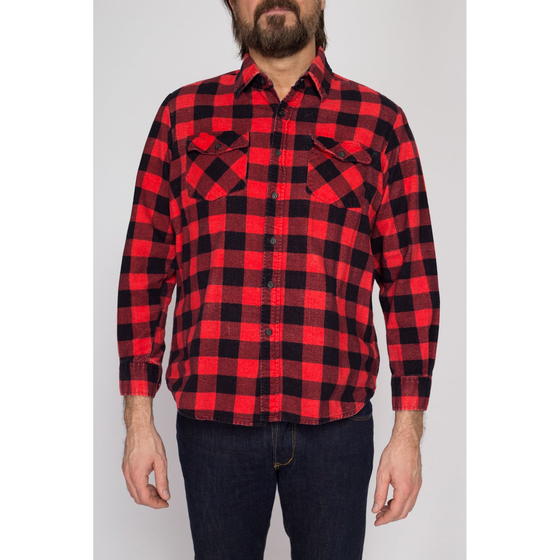 Small 80s Buffalo Plaid Cotton Flannel Shirt | Vintage Grunge Black & Red Button Up Lumberjack Overshirt