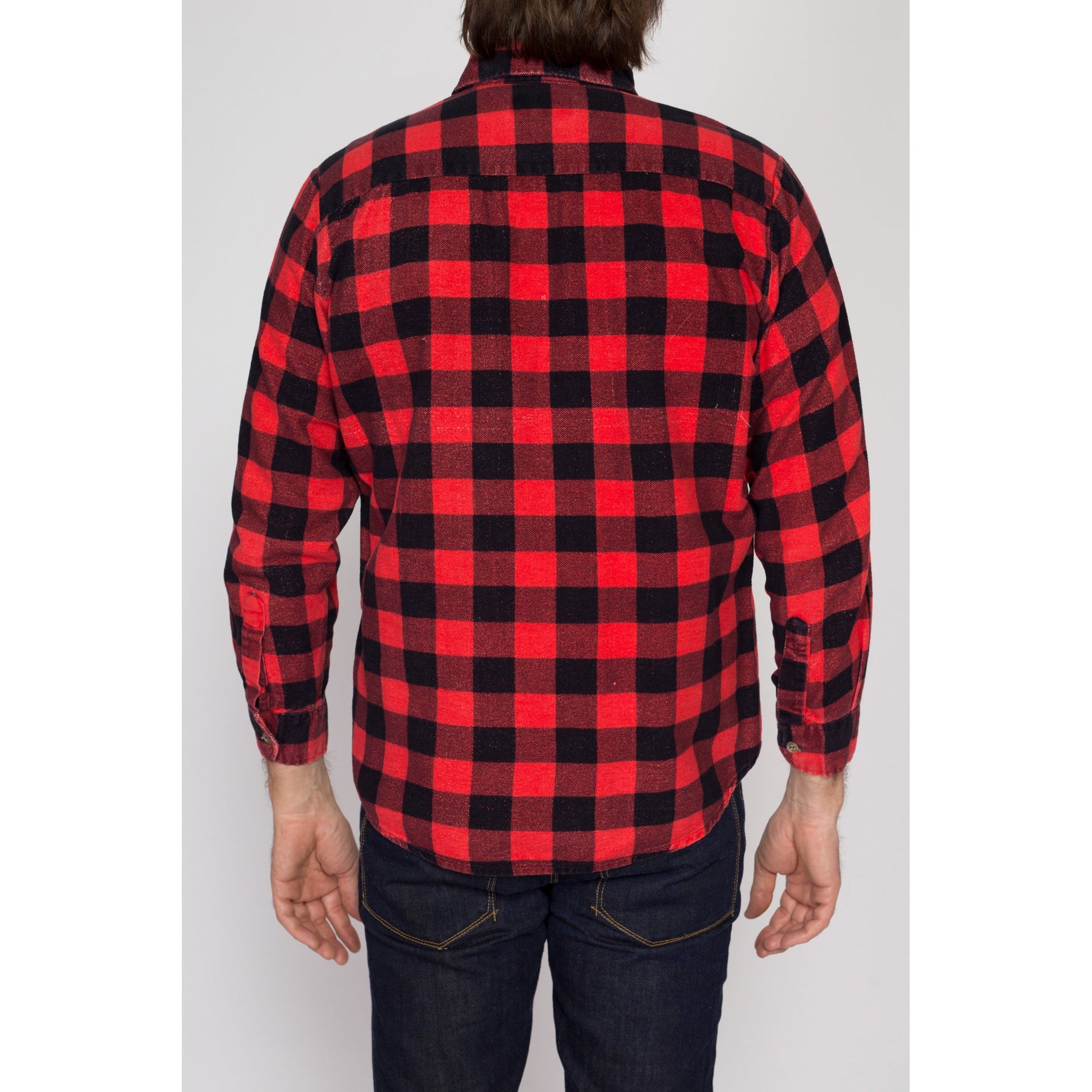 Small 80s Buffalo Plaid Cotton Flannel Shirt | Vintage Grunge Black & Red Button Up Lumberjack Overshirt