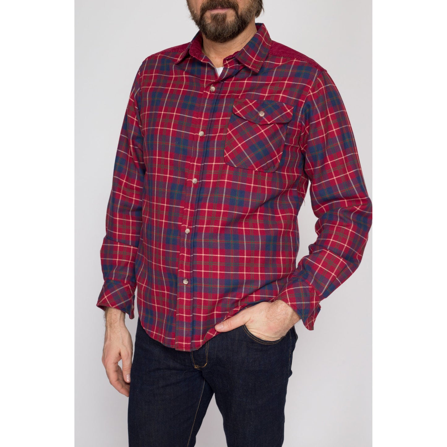 Medium 90s Hang Ten Red Plaid Flannel Shirt l | Vintage Corduroy Yoke Grunge Button Up Long Sleeve Collared Top