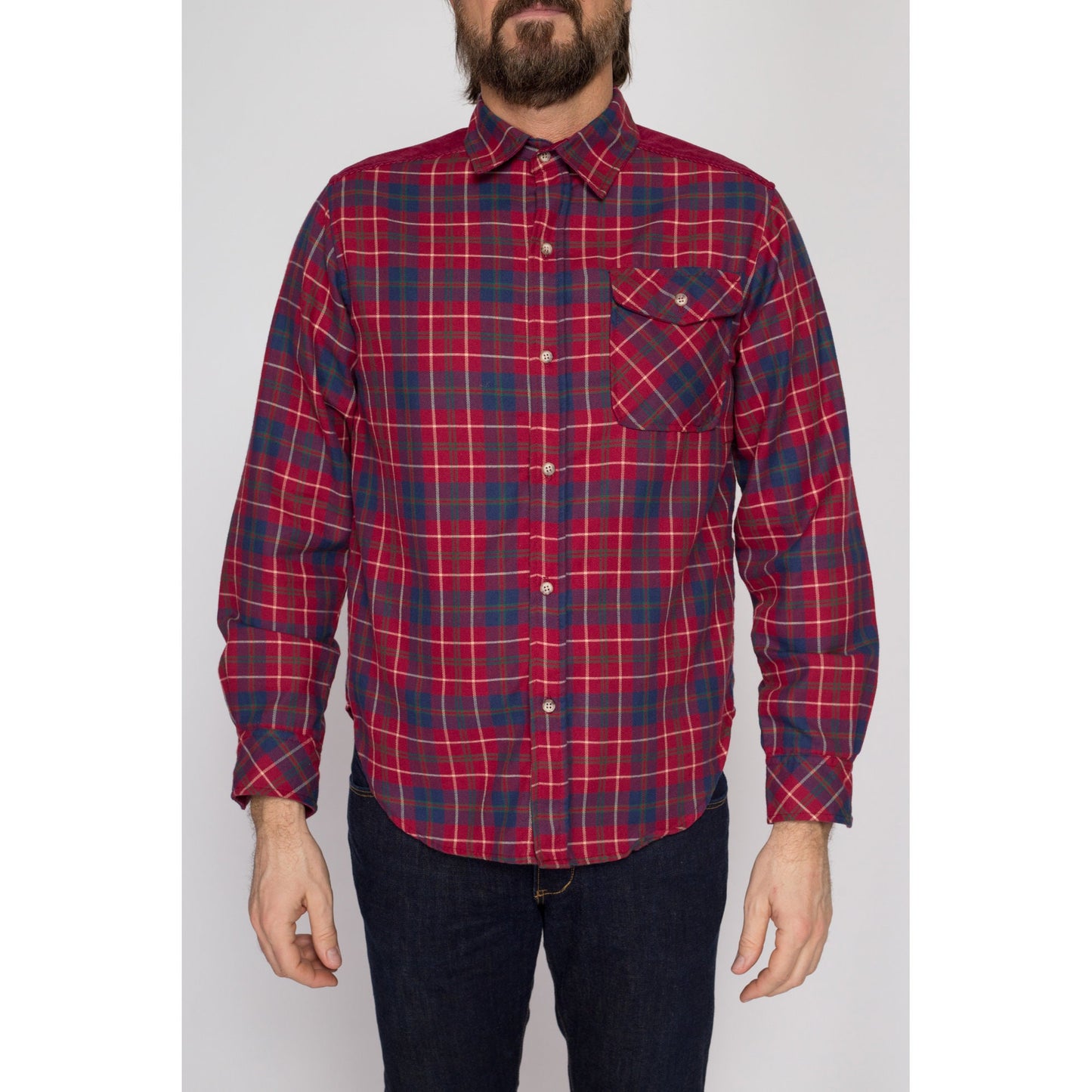 Medium 90s Hang Ten Red Plaid Flannel Shirt l | Vintage Corduroy Yoke Grunge Button Up Long Sleeve Collared Top