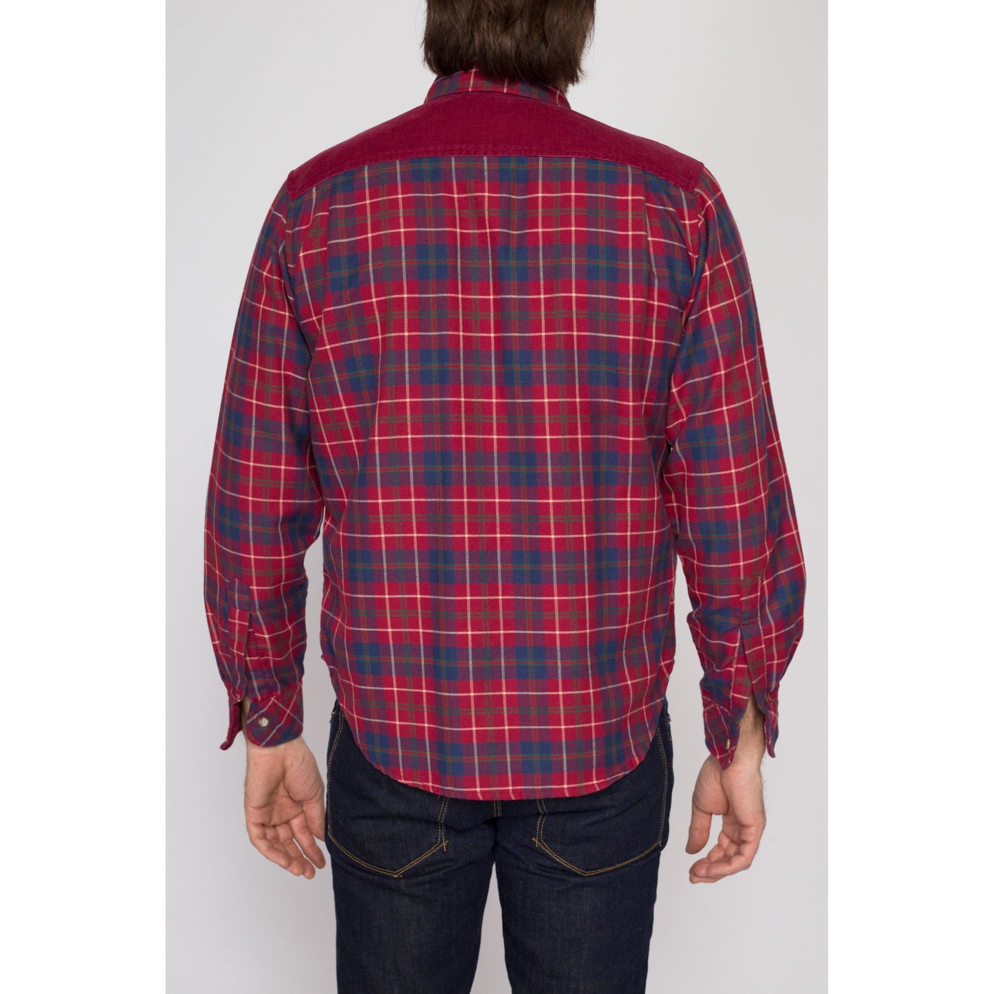 Medium 90s Hang Ten Red Plaid Flannel Shirt l | Vintage Corduroy Yoke Grunge Button Up Long Sleeve Collared Top