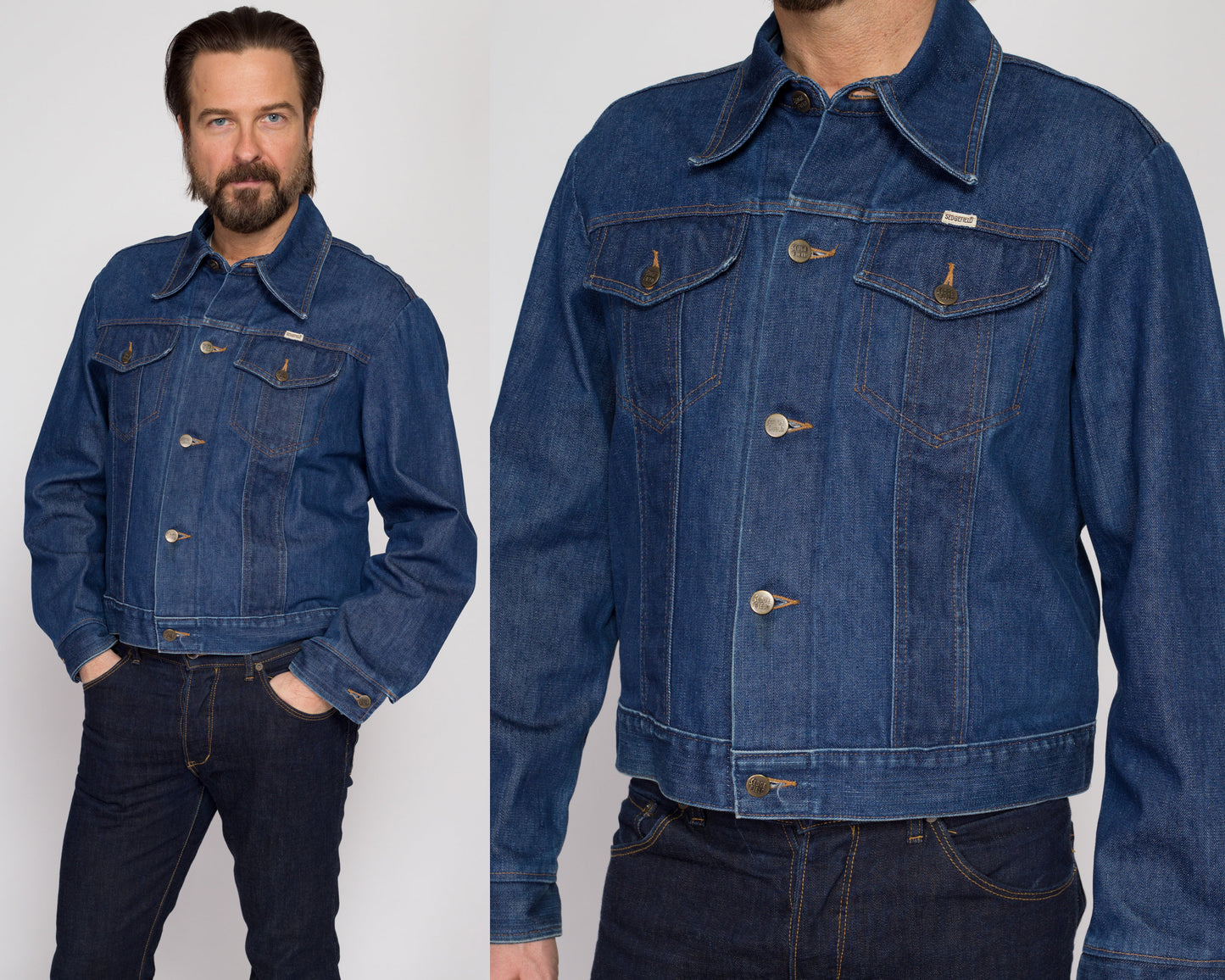 Large 70s Do-Nothing Sedgefield Jean Jacket | Vintage Dark Wash Denim Cropped Trucker Jacket