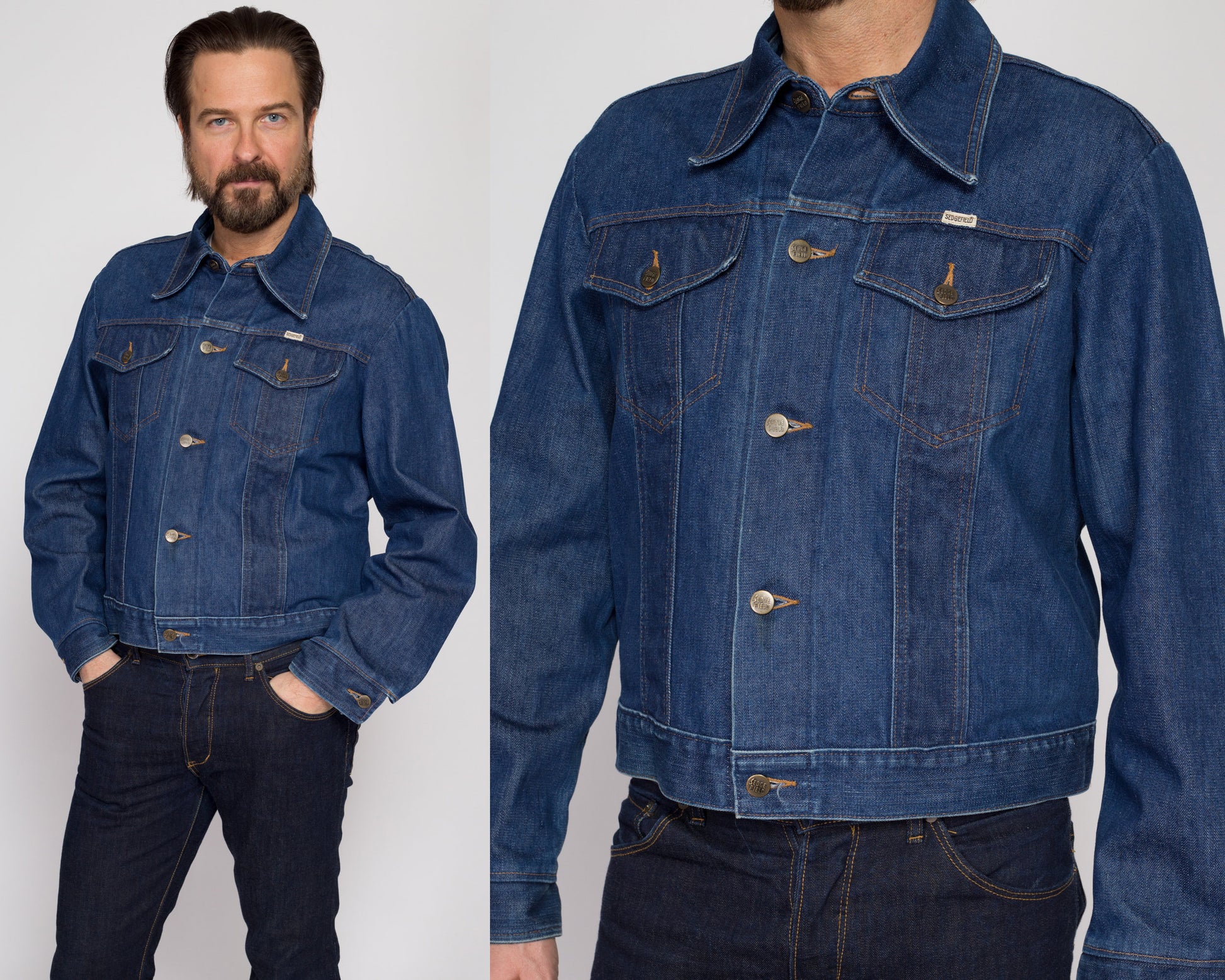 Large 70s Do-Nothing Sedgefield Jean Jacket | Vintage Dark Wash Denim Cropped Trucker Jacket