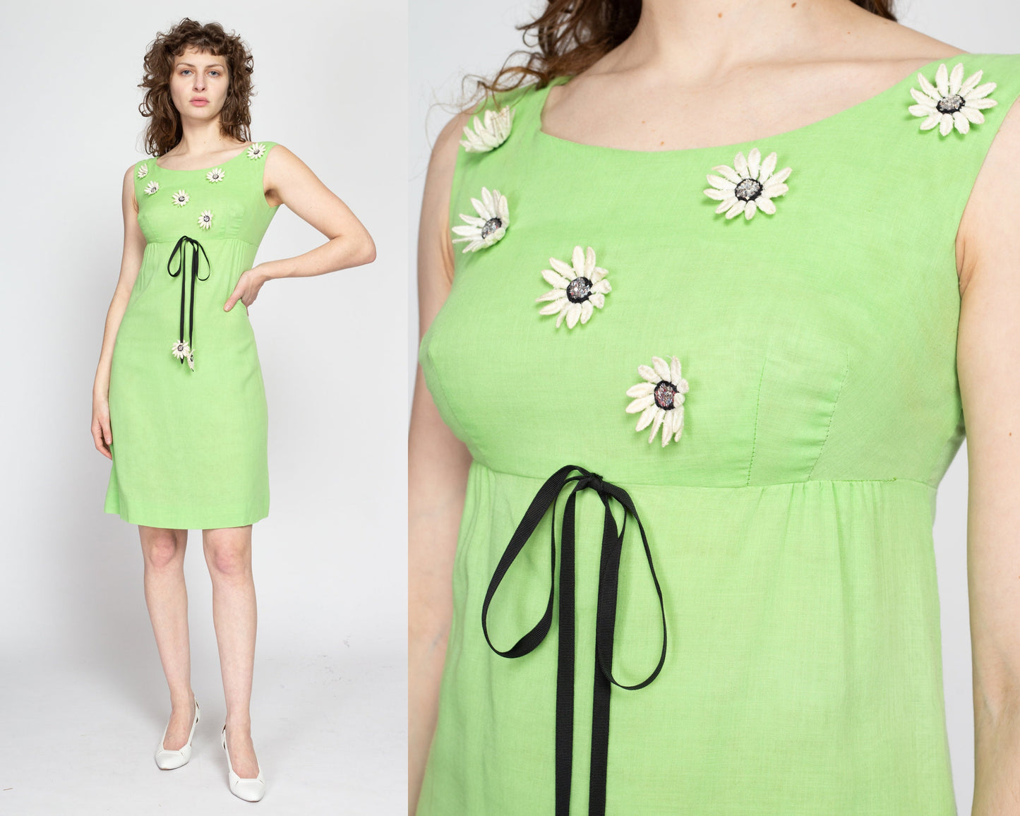 Small 60s Jody California Daisy Mini Dress | Vintage Bright Green Sleeveless Floral A Line Dress