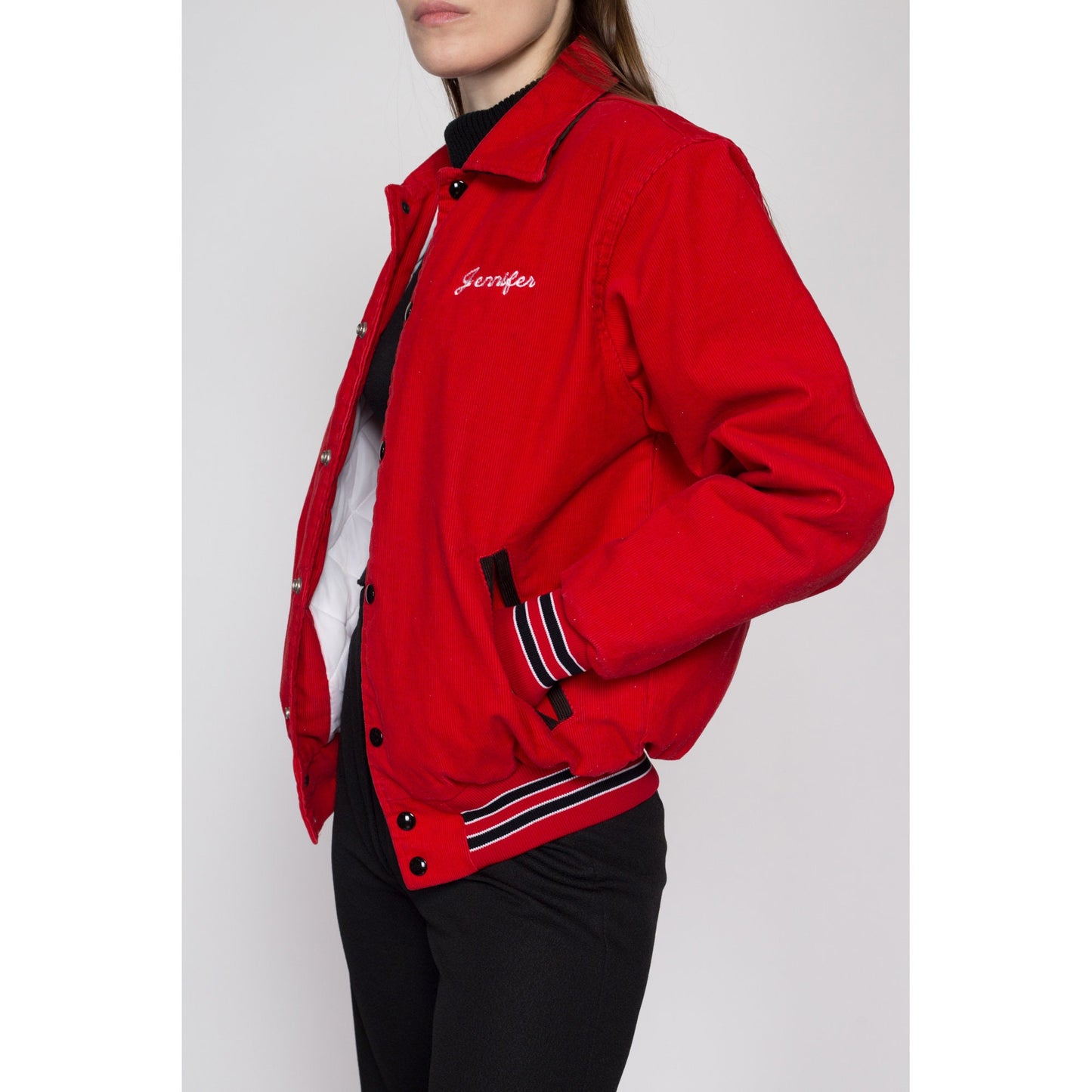 Small 80s Red Corduroy Soccer Team Varsity Jacket | Vintage Striped Trim Snap Button Athletic Bomber