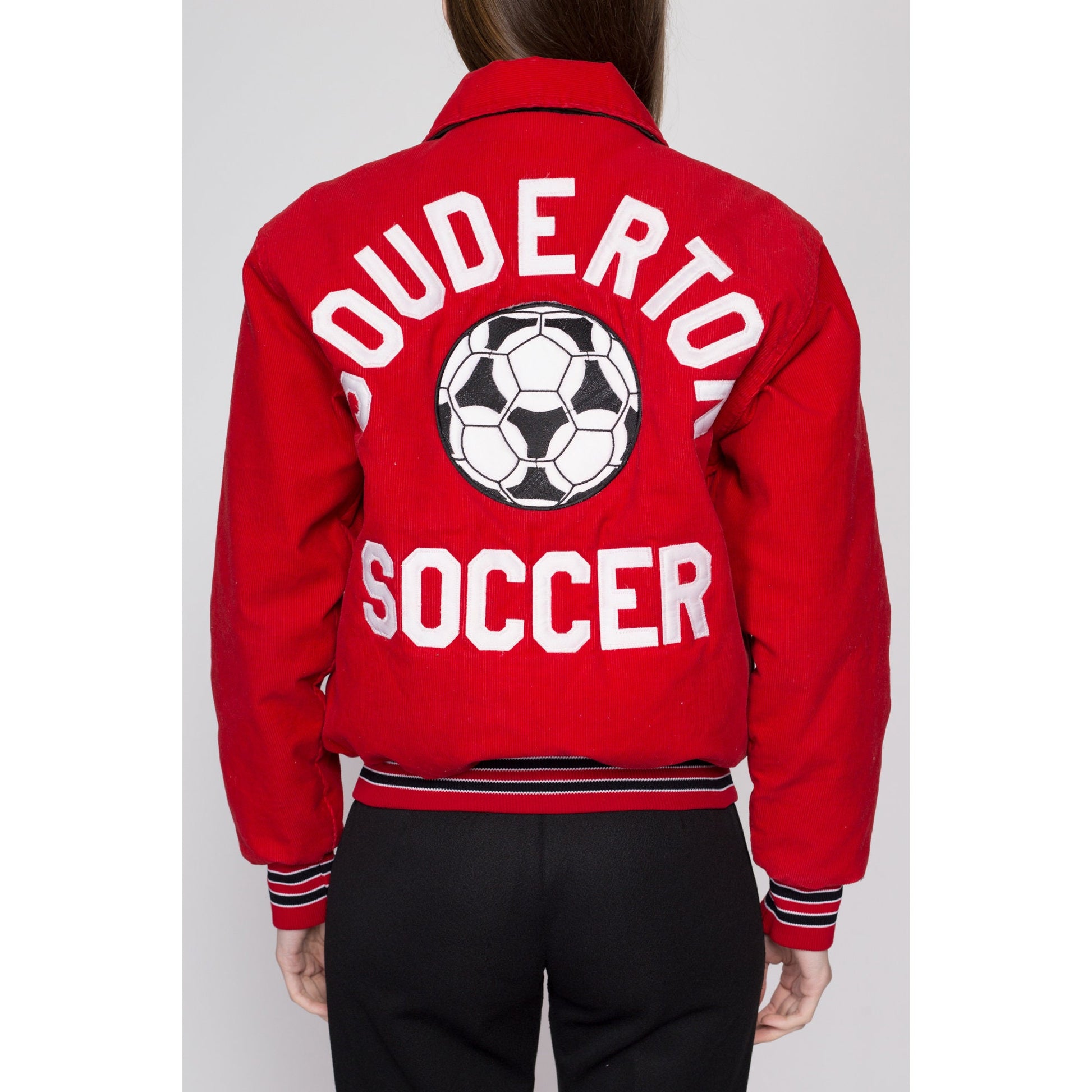 Small 80s Red Corduroy Soccer Team Varsity Jacket | Vintage Striped Trim Snap Button Athletic Bomber