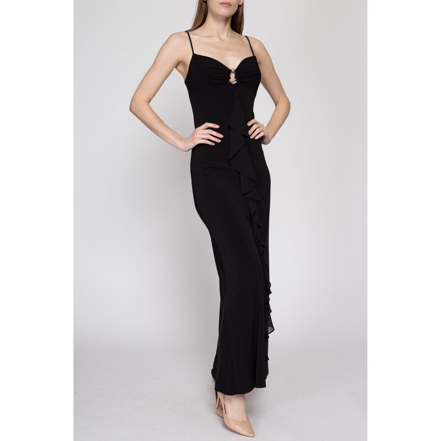 Small 90s Black Rhinestone Trim Ruffle Gown | Vintage Slinky Jeweled Spaghetti Strap Formal Party Maxi Dress