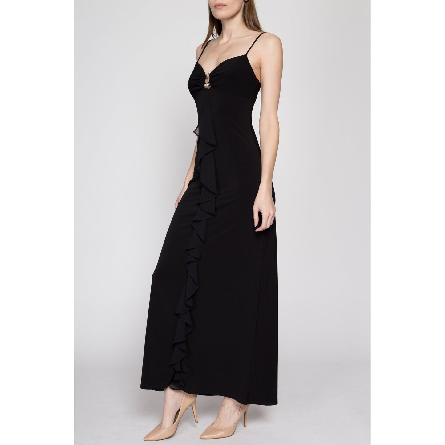 Small 90s Black Rhinestone Trim Ruffle Gown | Vintage Slinky Jeweled Spaghetti Strap Formal Party Maxi Dress