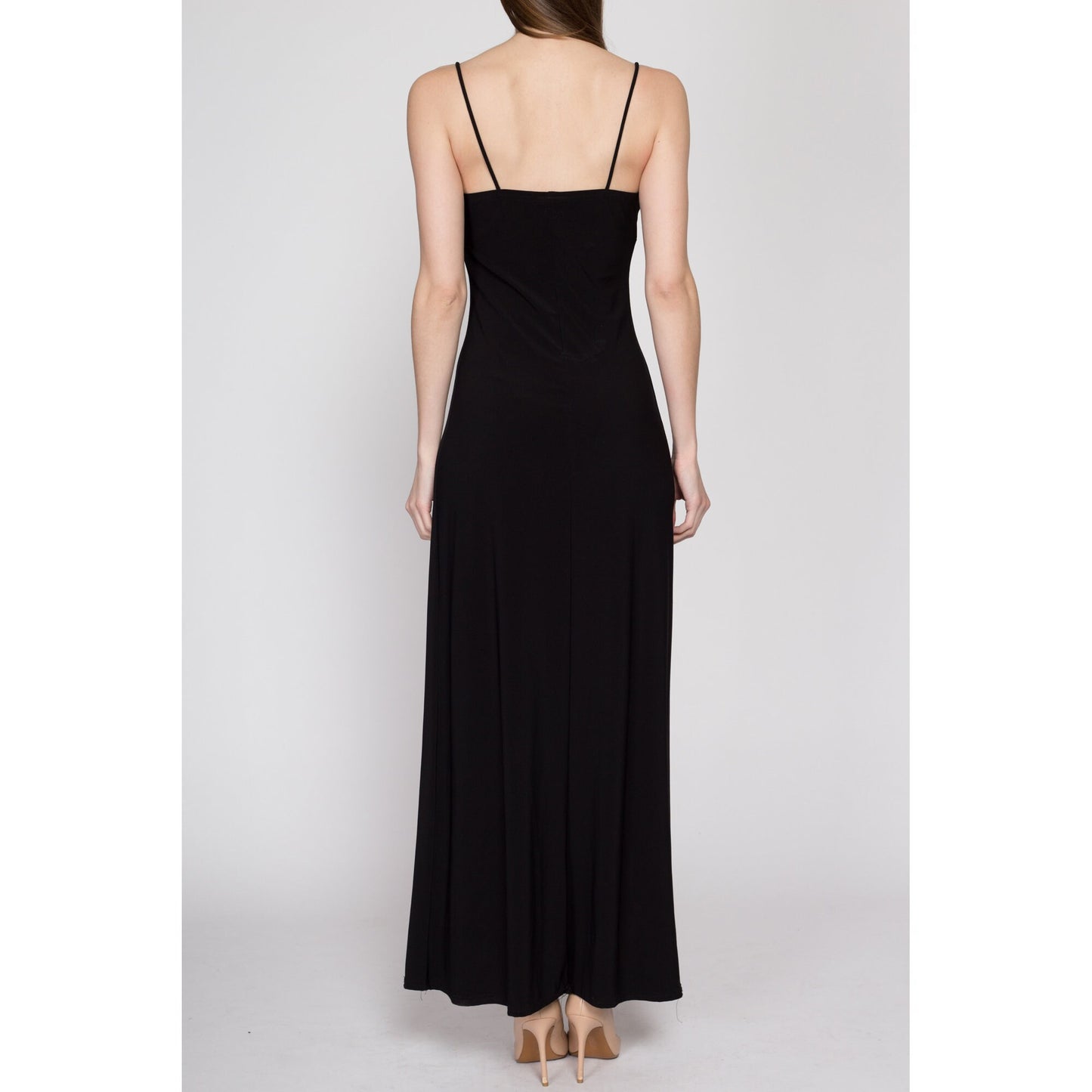 Small 90s Black Rhinestone Trim Ruffle Gown | Vintage Slinky Jeweled Spaghetti Strap Formal Party Maxi Dress