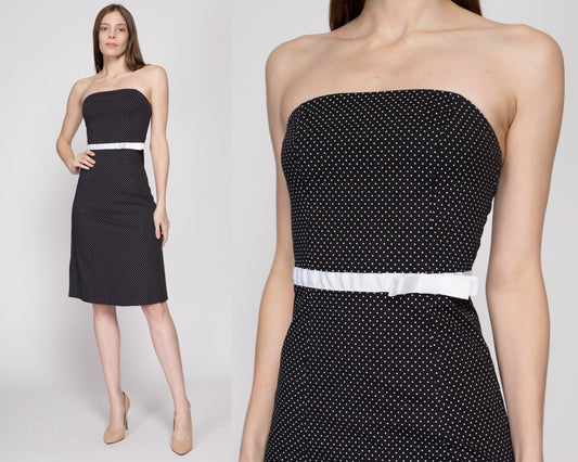 XS 90s Y2K Black & White Polka Dot Strapless Party Dress | Vintage A Line Knee Length Dress