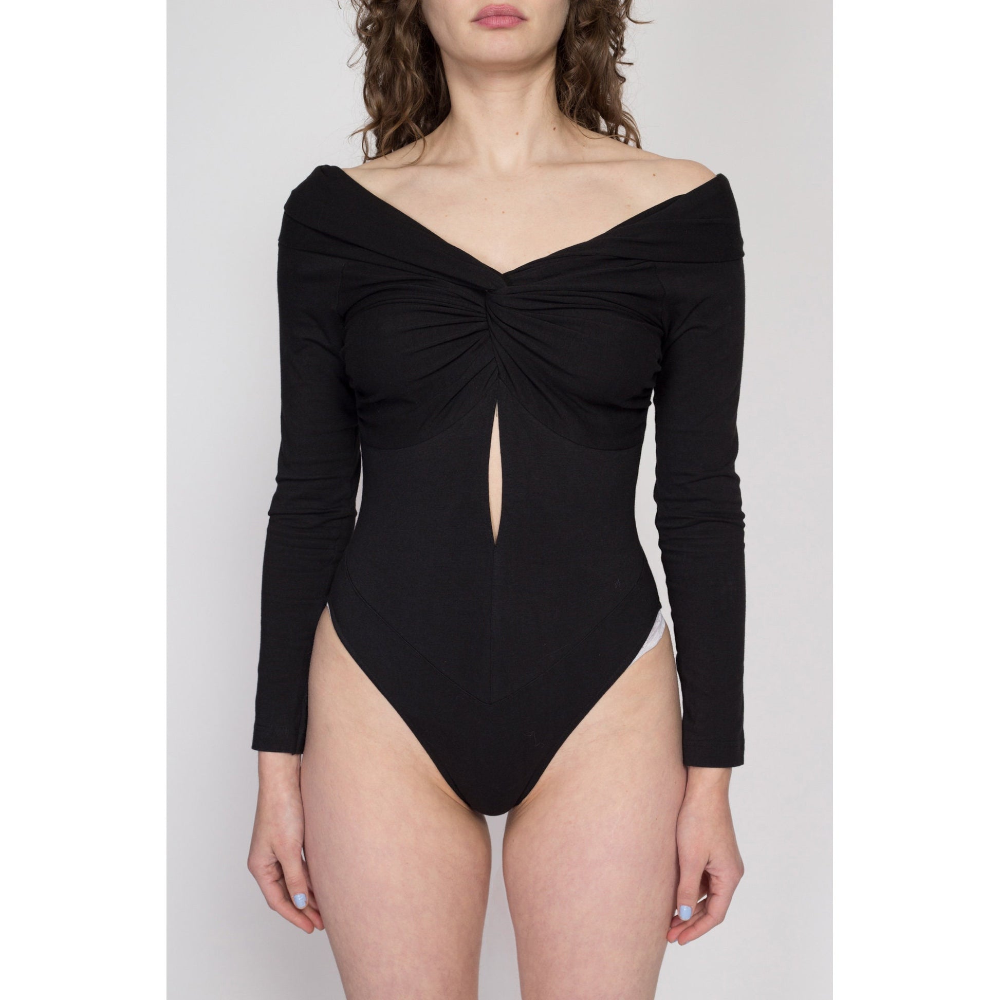 Sm-Med 90s Black Off-Shoulder Bodysuit Top NWT | Vintage Keyhole Long Sleeve One Piece