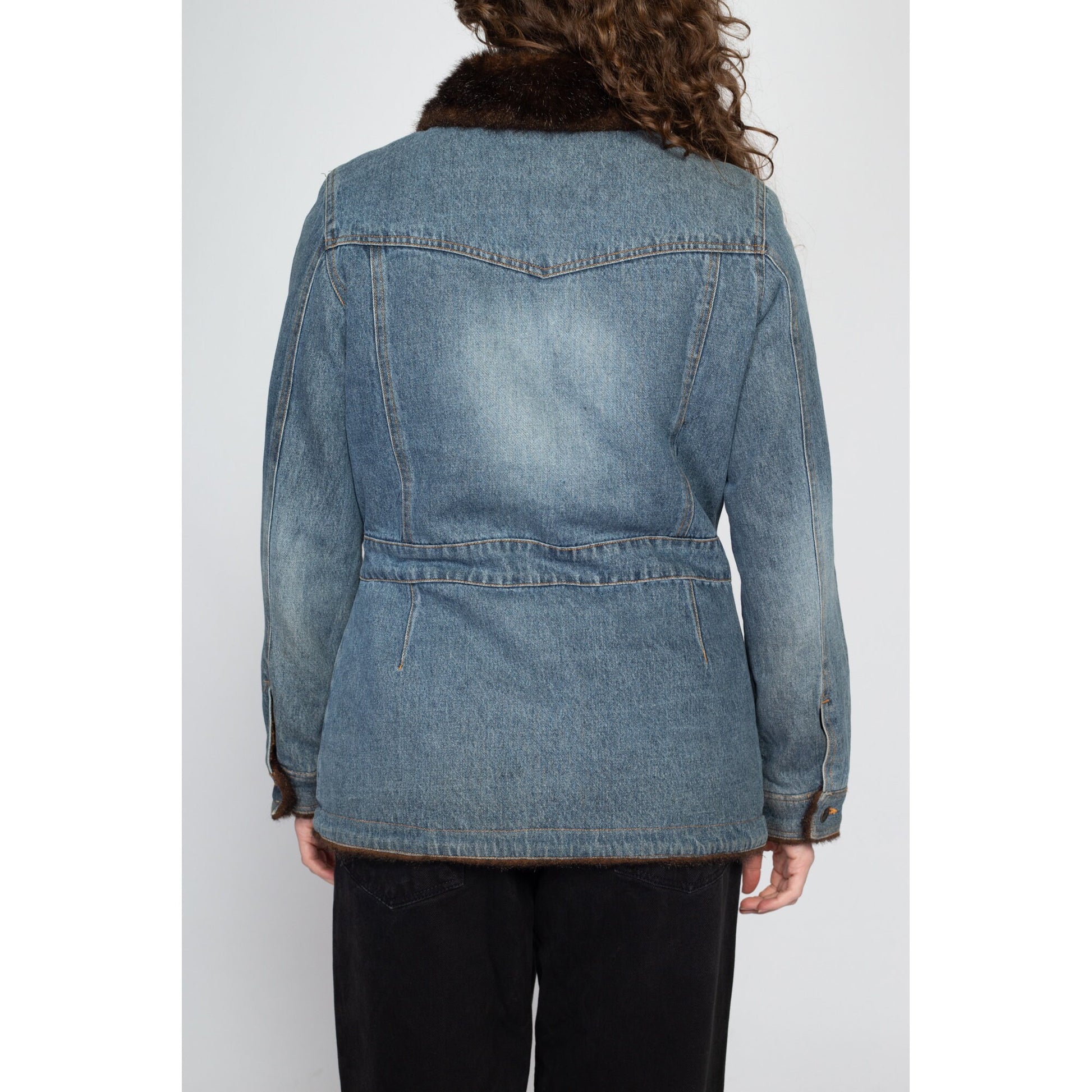 Medium 90s Denim Faux Fur Lined Jacket | Vintage Marvin Richards Cuffed Glam Jean Coat