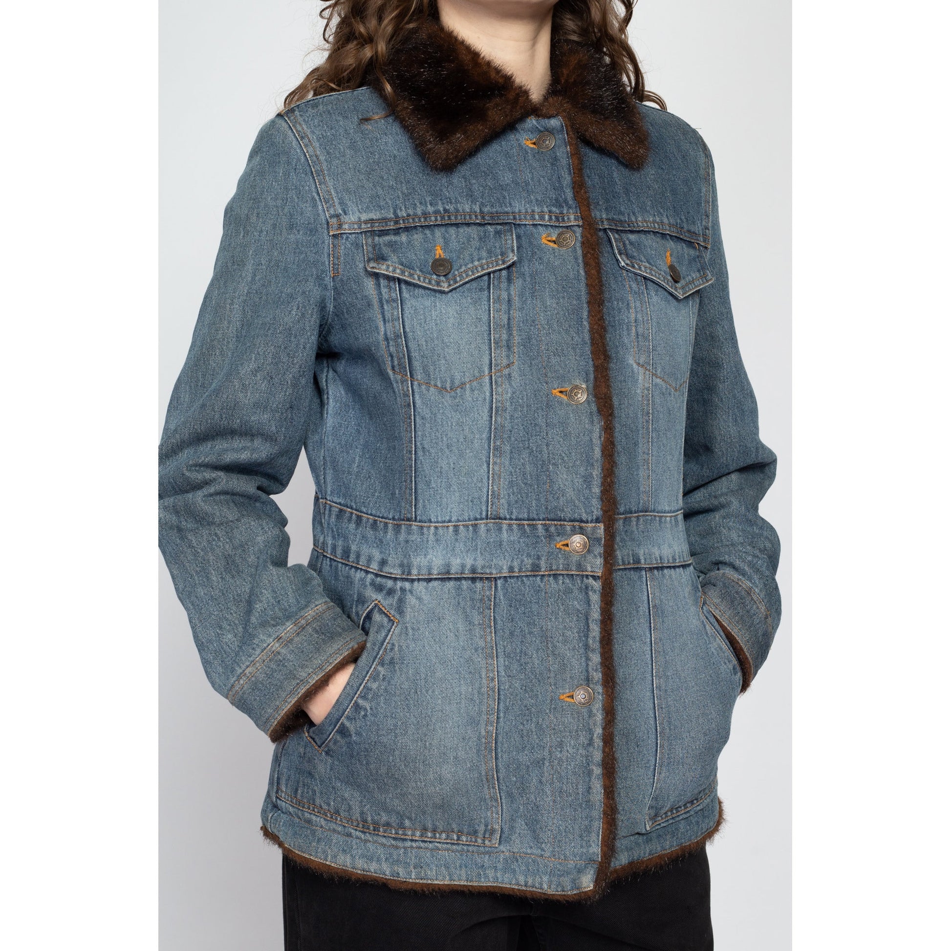 Medium 90s Denim Faux Fur Lined Jacket | Vintage Marvin Richards Cuffed Glam Jean Coat