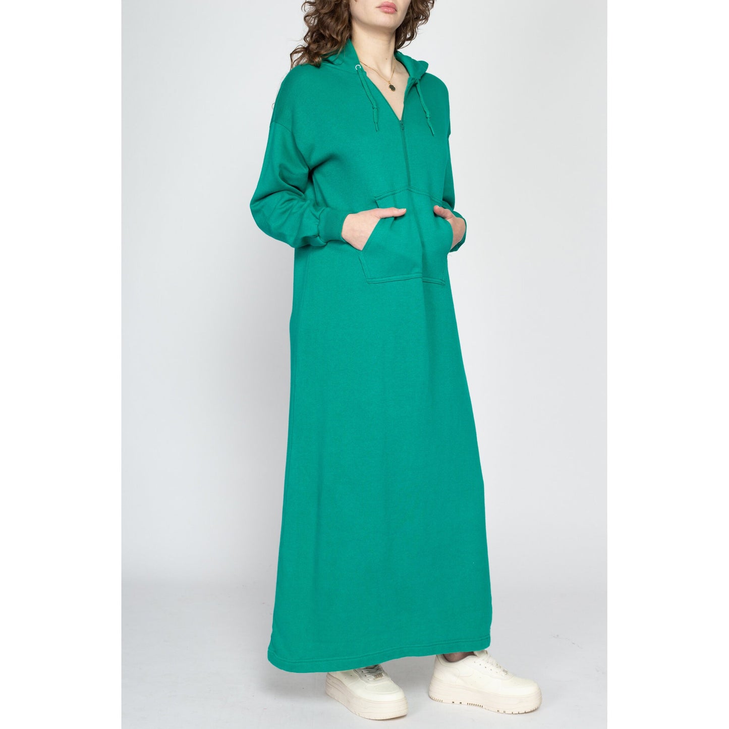 Medium 80s Teal Hooded Sweatshirt Dress | Vintage Half Zip Up Soft Slouchy Hoodie Maxi Dress