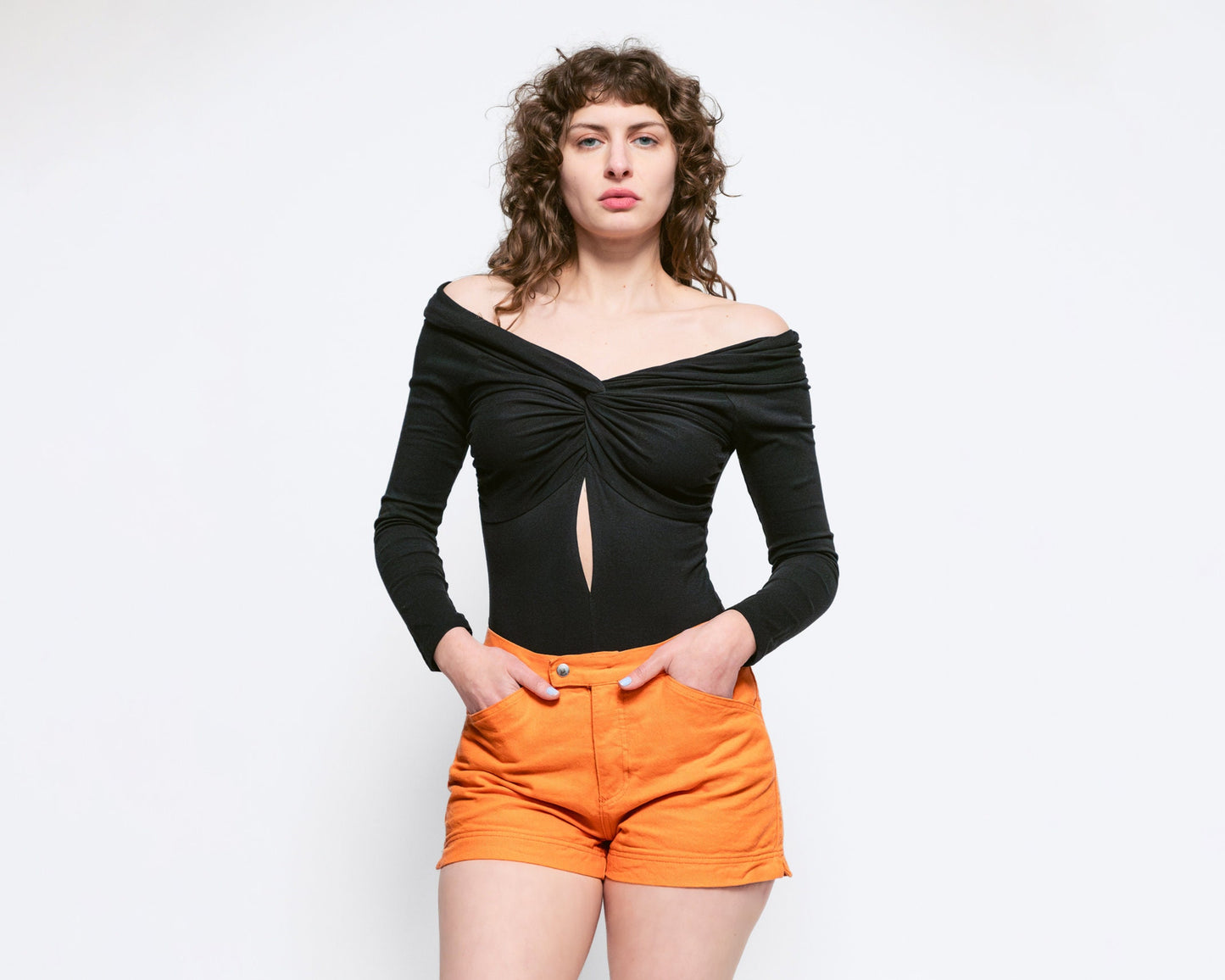 Sm-Med 90s Black Off-Shoulder Bodysuit Top NWT | Vintage Keyhole Long Sleeve One Piece