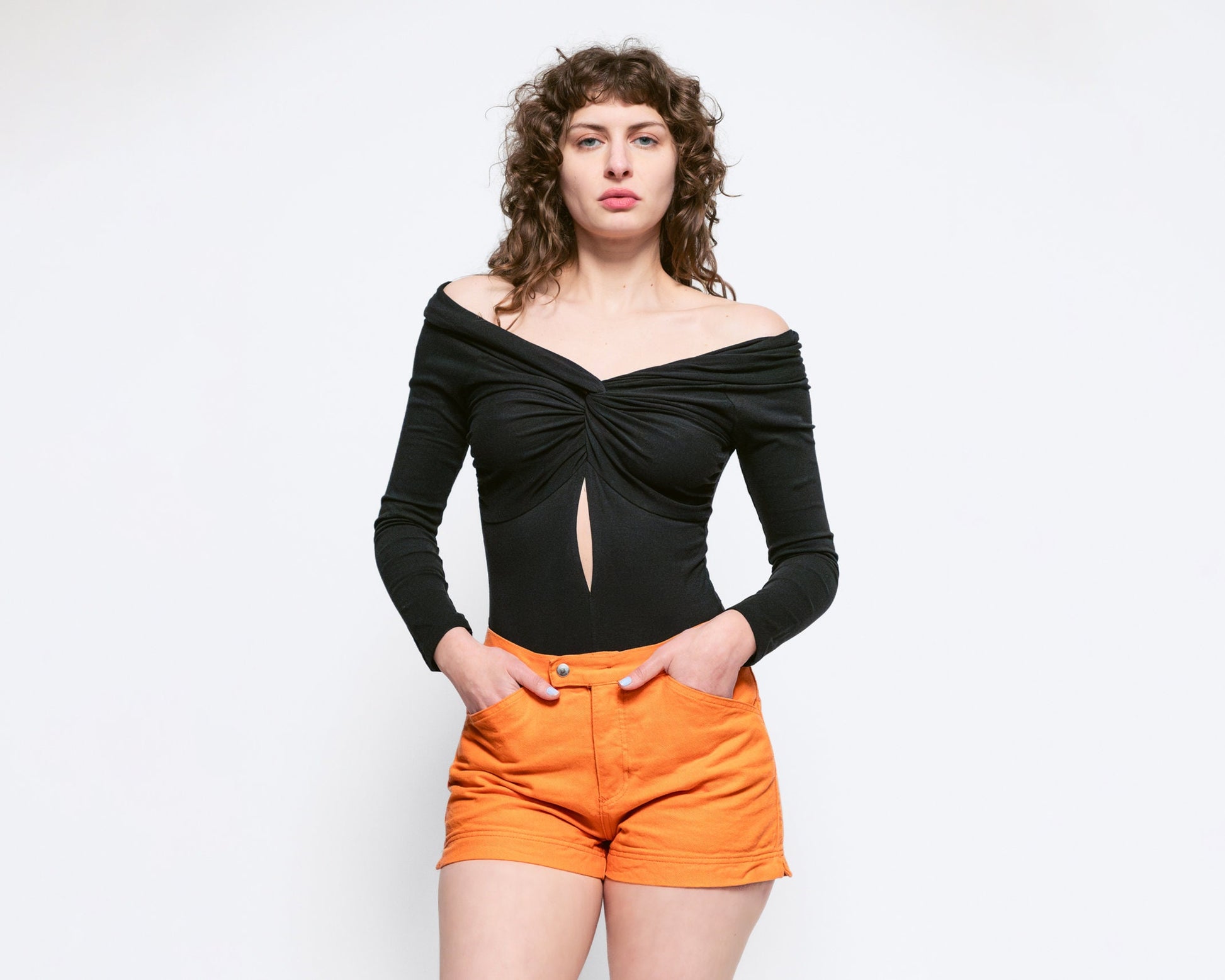 Sm-Med 90s Black Off-Shoulder Bodysuit Top NWT | Vintage Keyhole Long Sleeve One Piece