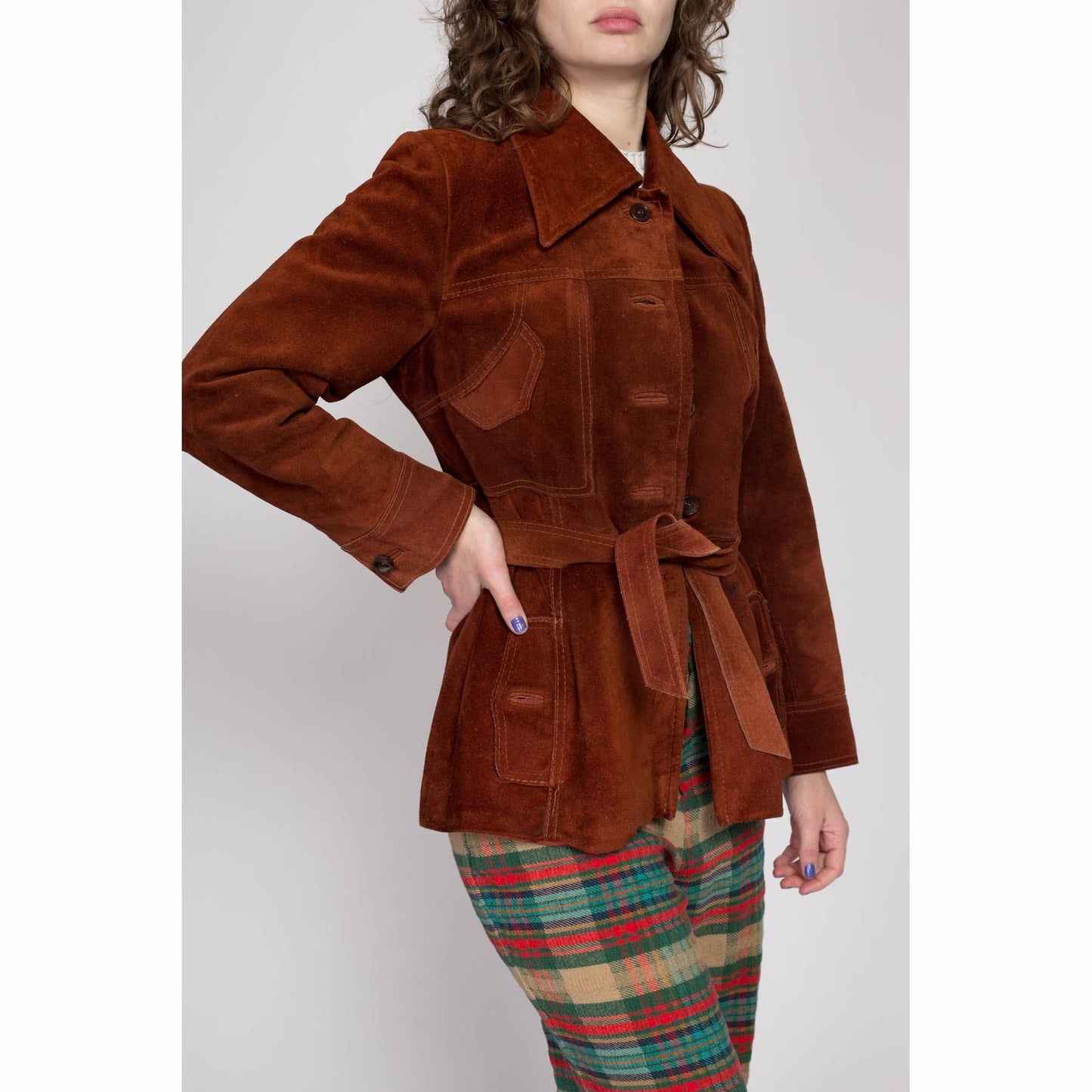 Small 70 Burnt Orange Suede Belted Jacket | Vintage Made In Argentina Button Up Boho Leather Coat