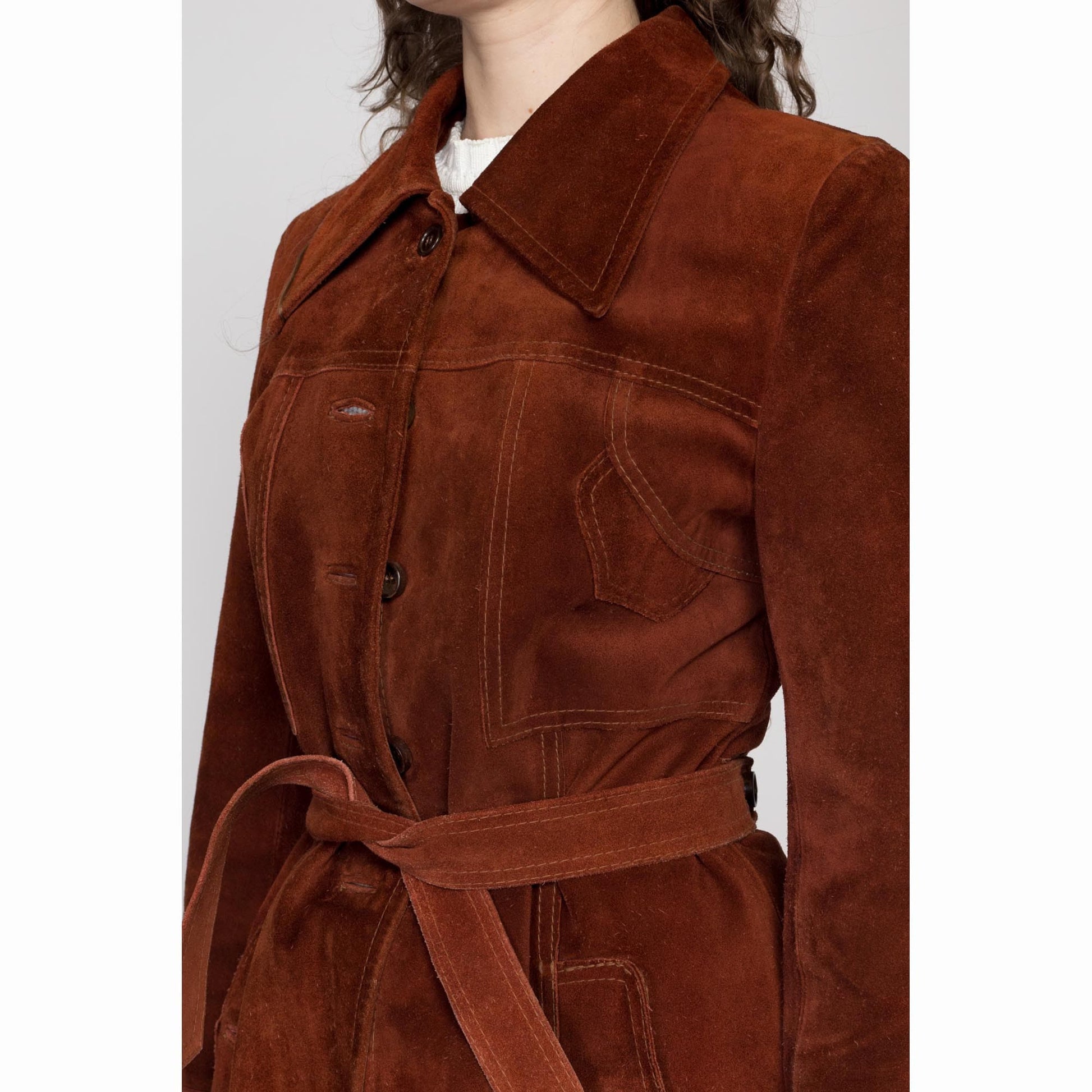 Small 70 Burnt Orange Suede Belted Jacket | Vintage Made In Argentina Button Up Boho Leather Coat