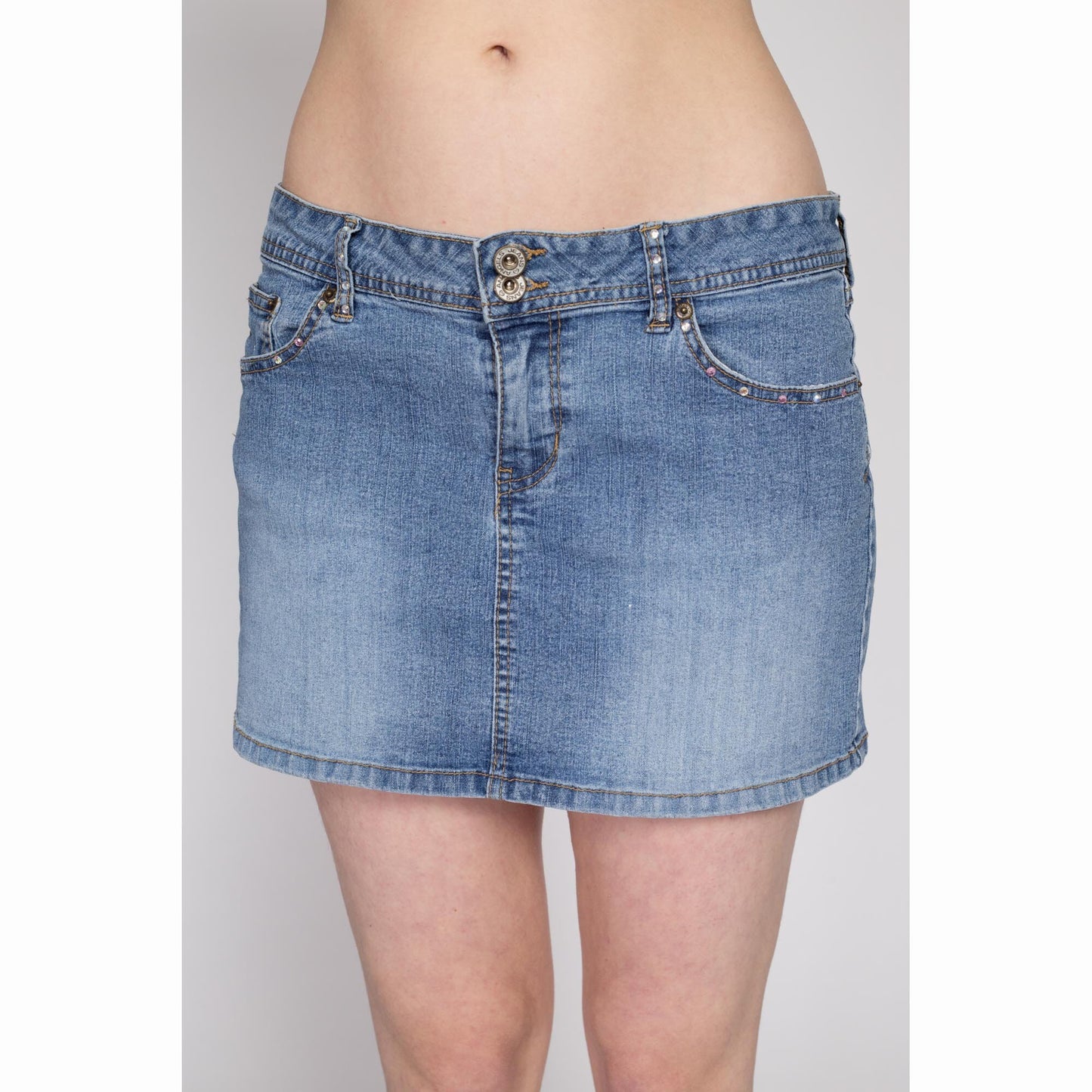 Medium 90s Y2K Bejeweled Denim Mini Skirt | Vintage Low Waist Embroidered Pocket Jean Skirt