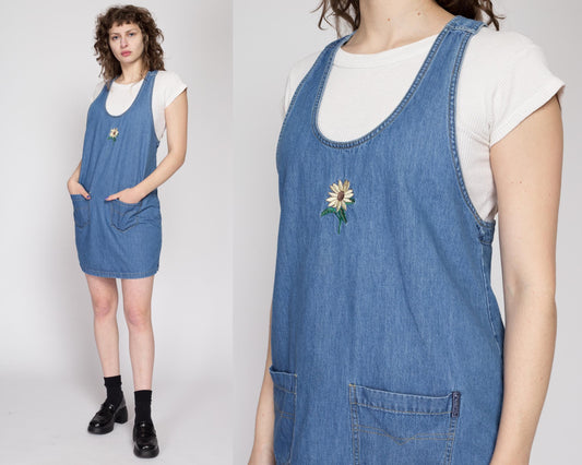 Medium 90s Denim Daisy Pinafore Mini Dress | Vintage Sleeveless Floral Jean Overall Jumper Dress