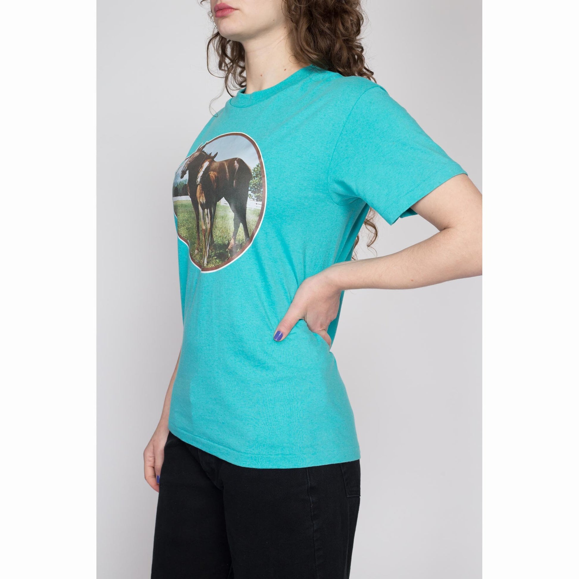 Medium 90s Horse Iron-On Graphic T Shirt | Vintage Turquoise Blue Mare & Foal Animal Tee