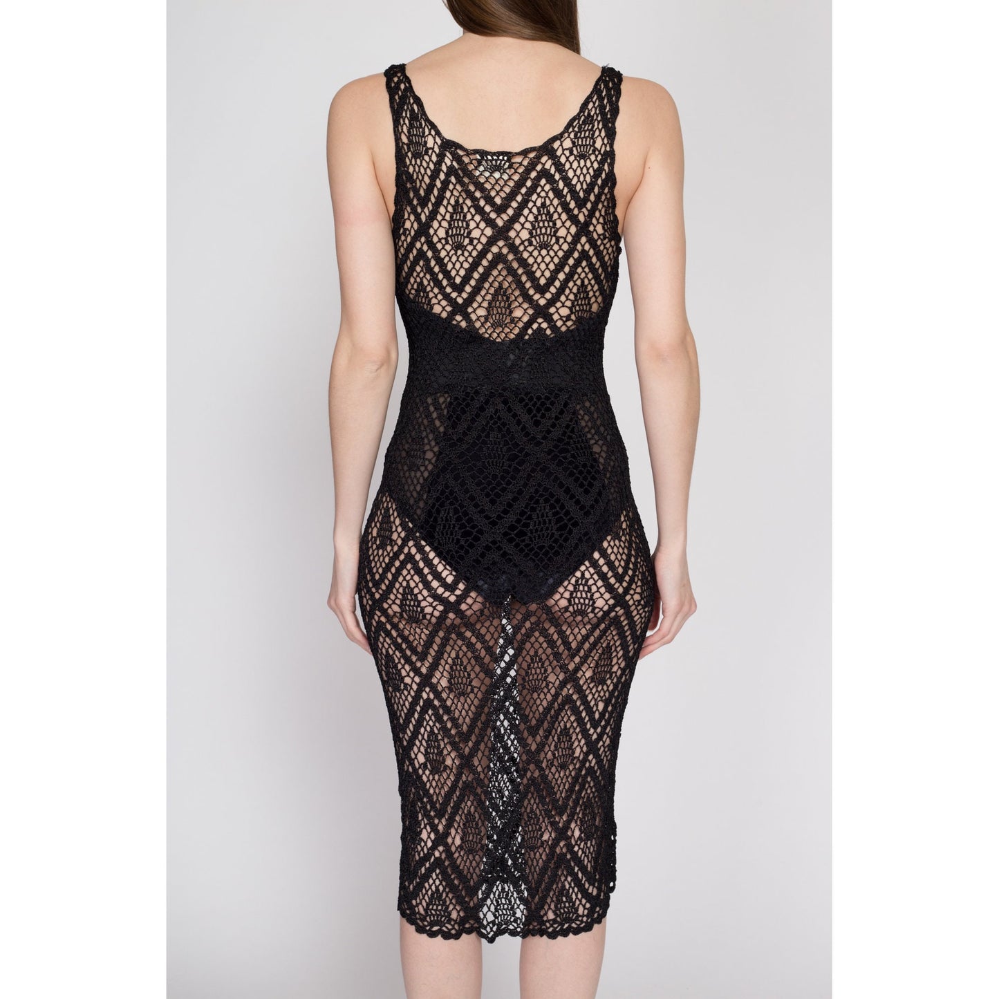 Small 90s Sheer Black Crochet Bodycon Midi Dress | Vintage Boho Beach Cover Up Stretchy Fitted Tank Sundress