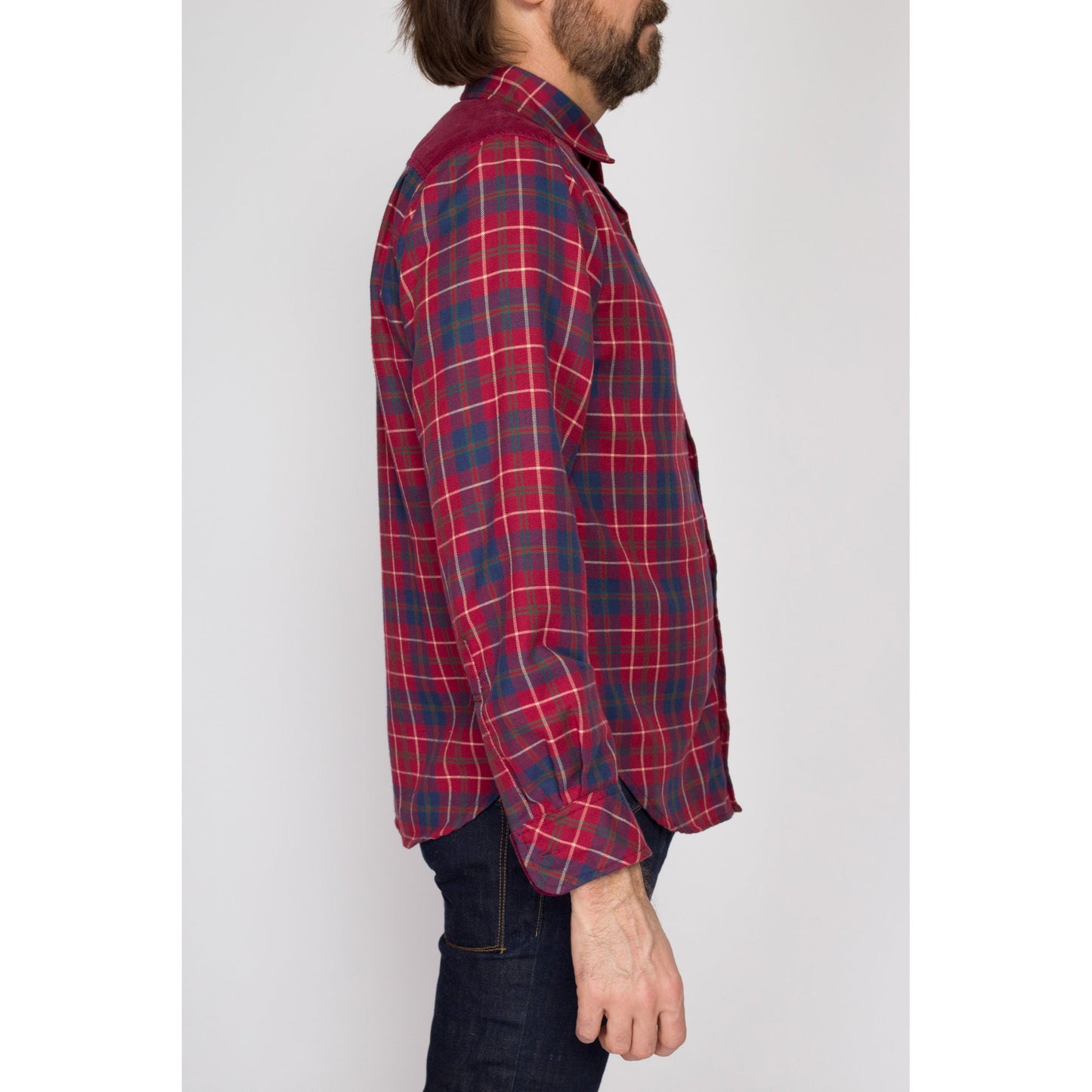 Medium 90s Hang Ten Red Plaid Flannel Shirt l | Vintage Corduroy Yoke Grunge Button Up Long Sleeve Collared Top