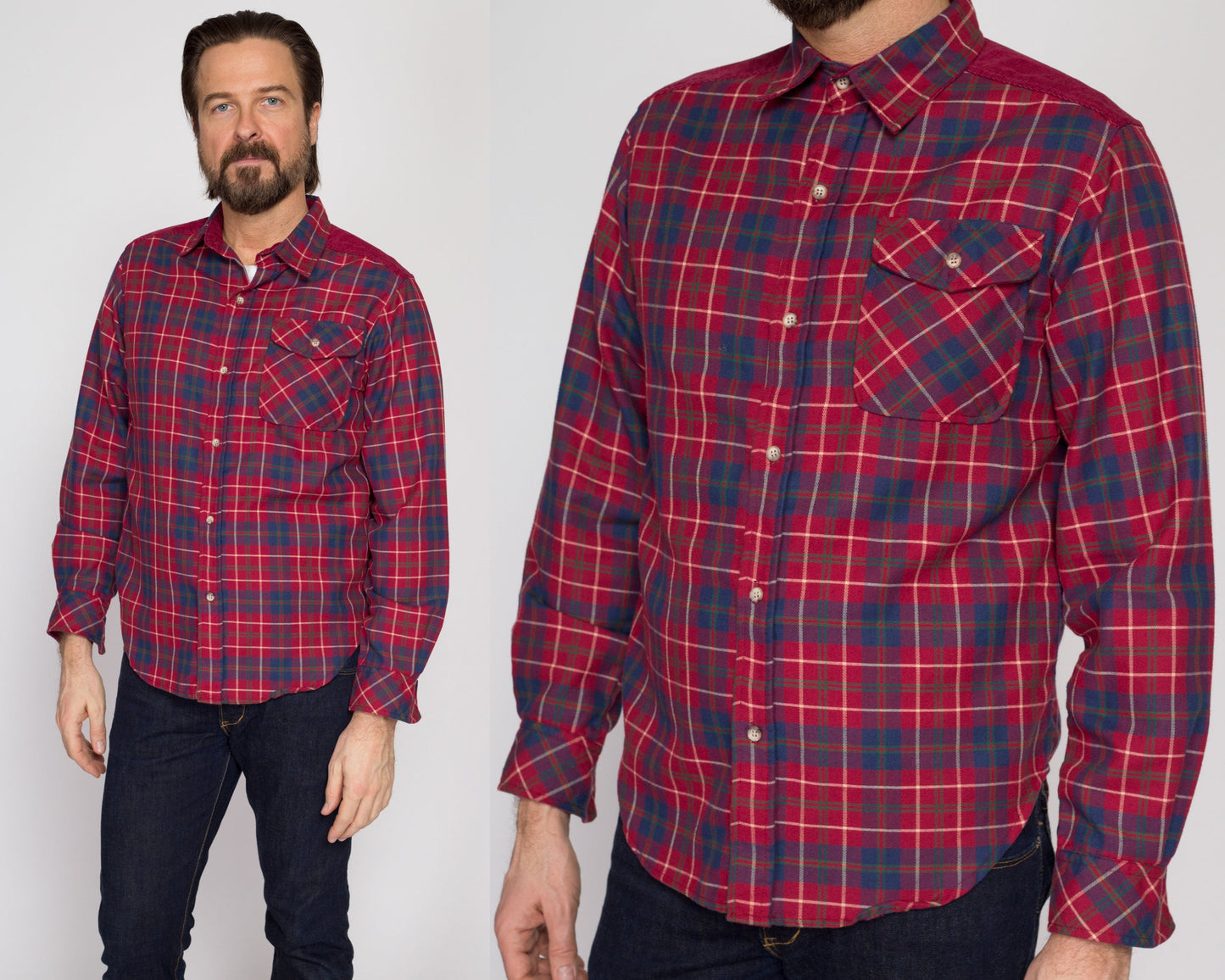 Medium 90s Hang Ten Red Plaid Flannel Shirt l | Vintage Corduroy Yoke Grunge Button Up Long Sleeve Collared Top