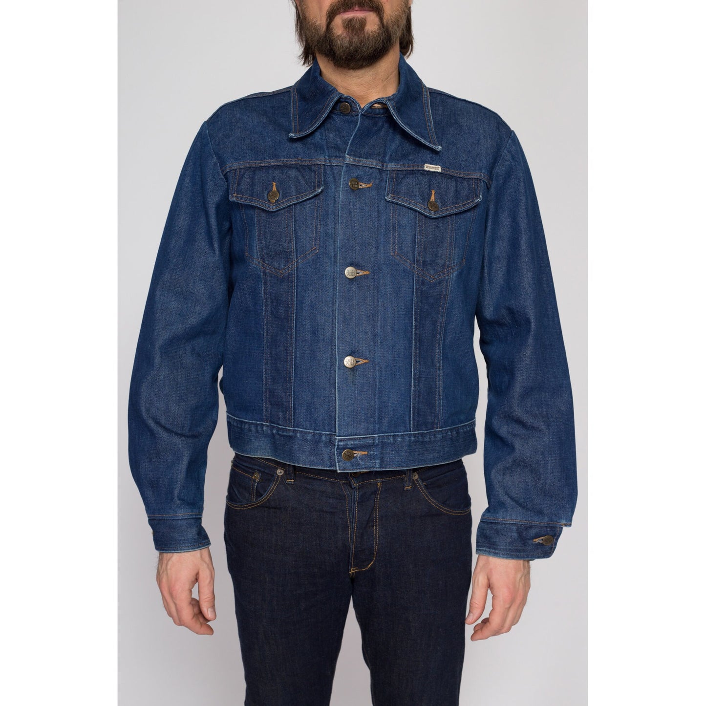 Large 70s Do-Nothing Sedgefield Jean Jacket | Vintage Dark Wash Denim Cropped Trucker Jacket