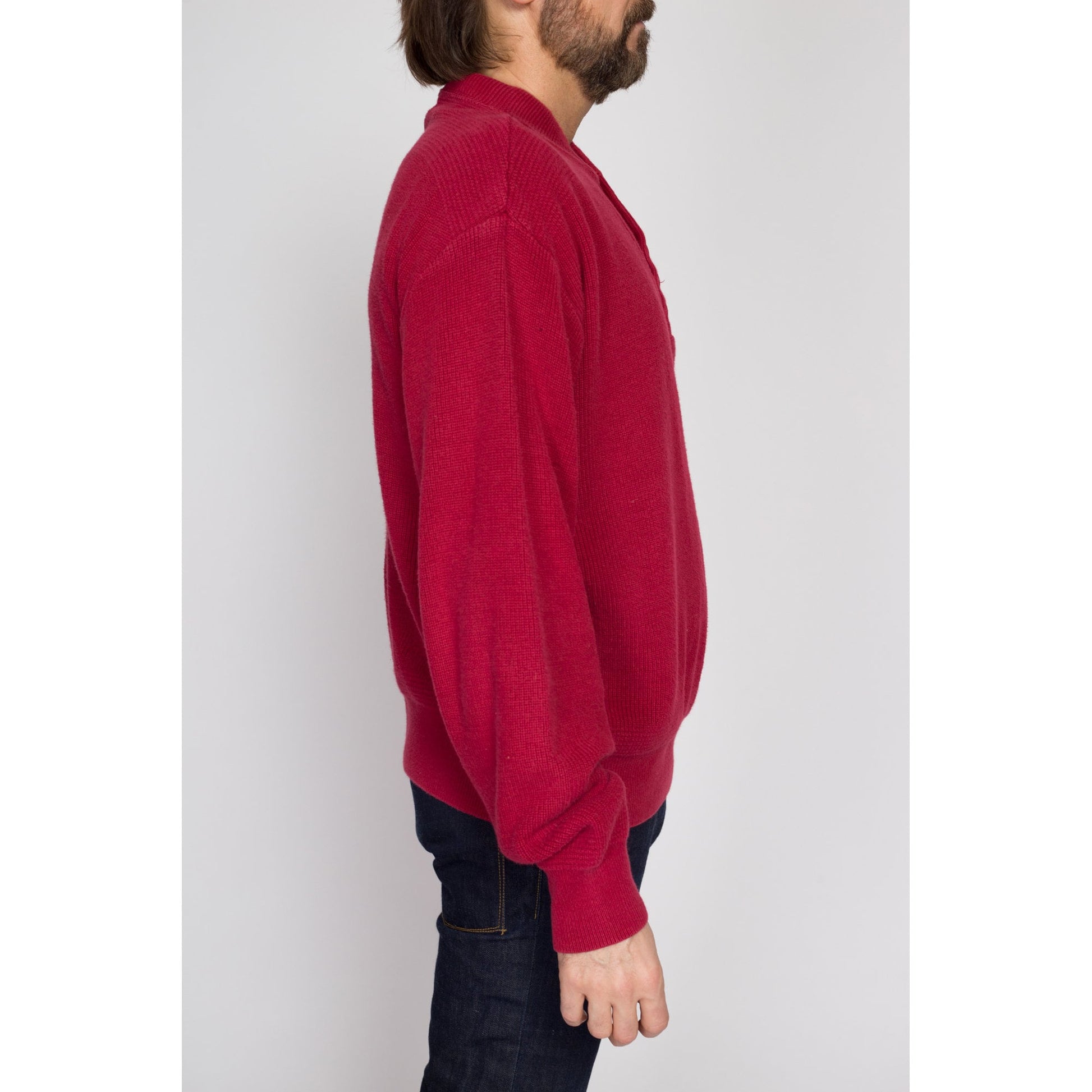 Large 80s L.L. Bean Red Knit Henley Sweater | Vintage Button Up Long Sleeve Cotton Pullover