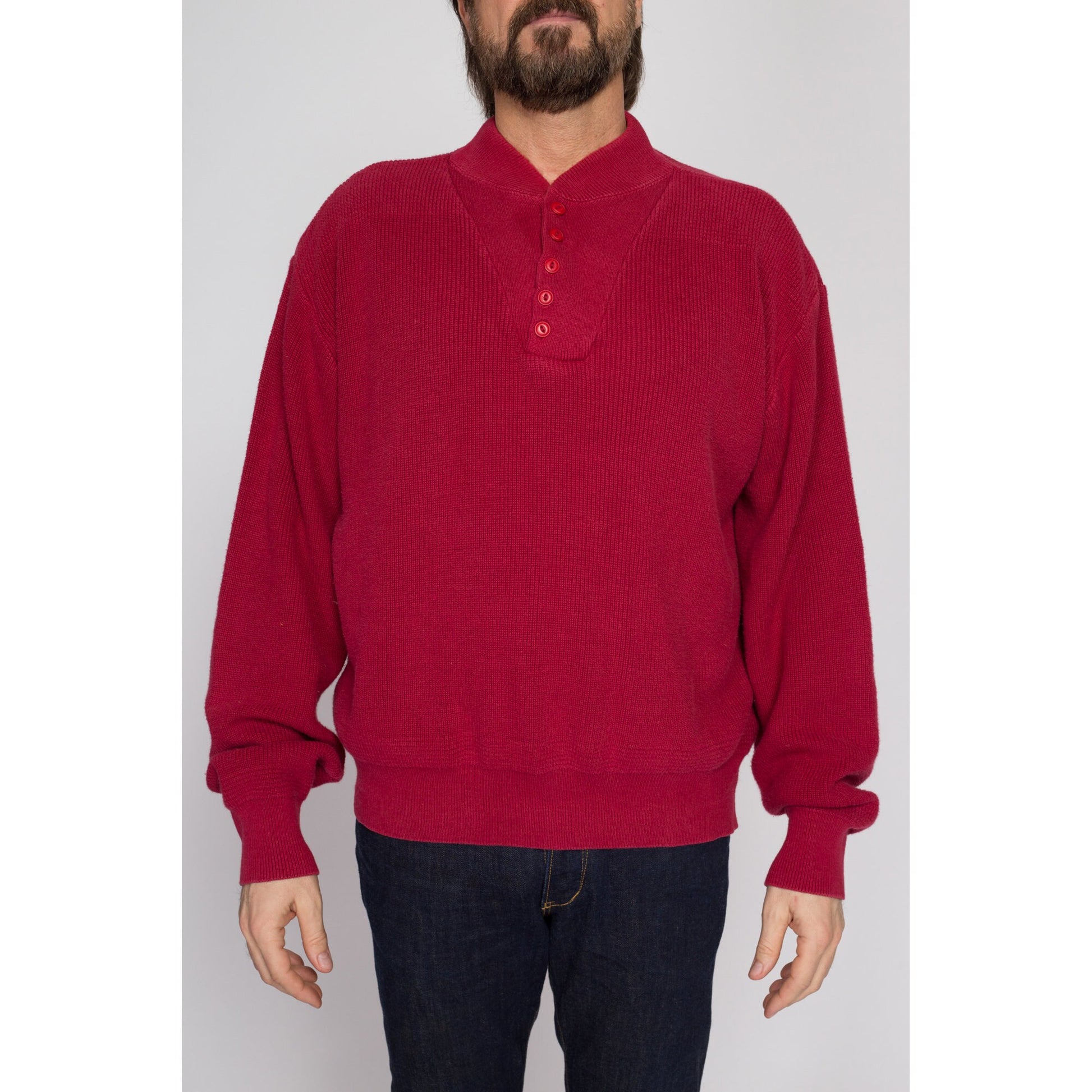 Large 80s L.L. Bean Red Knit Henley Sweater | Vintage Button Up Long Sleeve Cotton Pullover