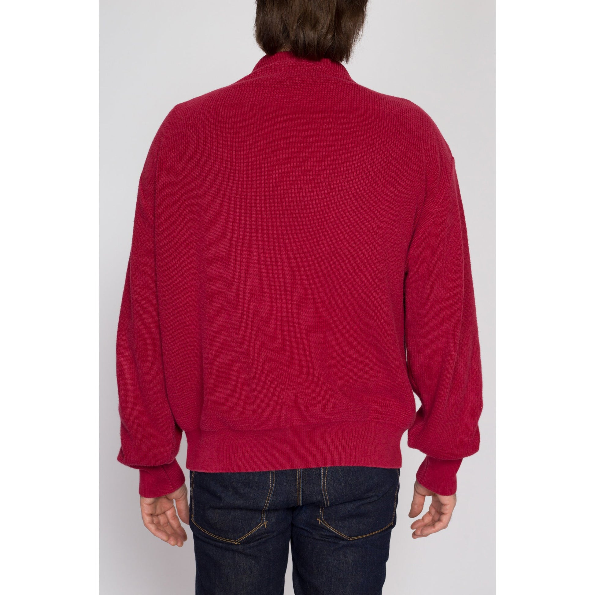 Large 80s L.L. Bean Red Knit Henley Sweater | Vintage Button Up Long Sleeve Cotton Pullover