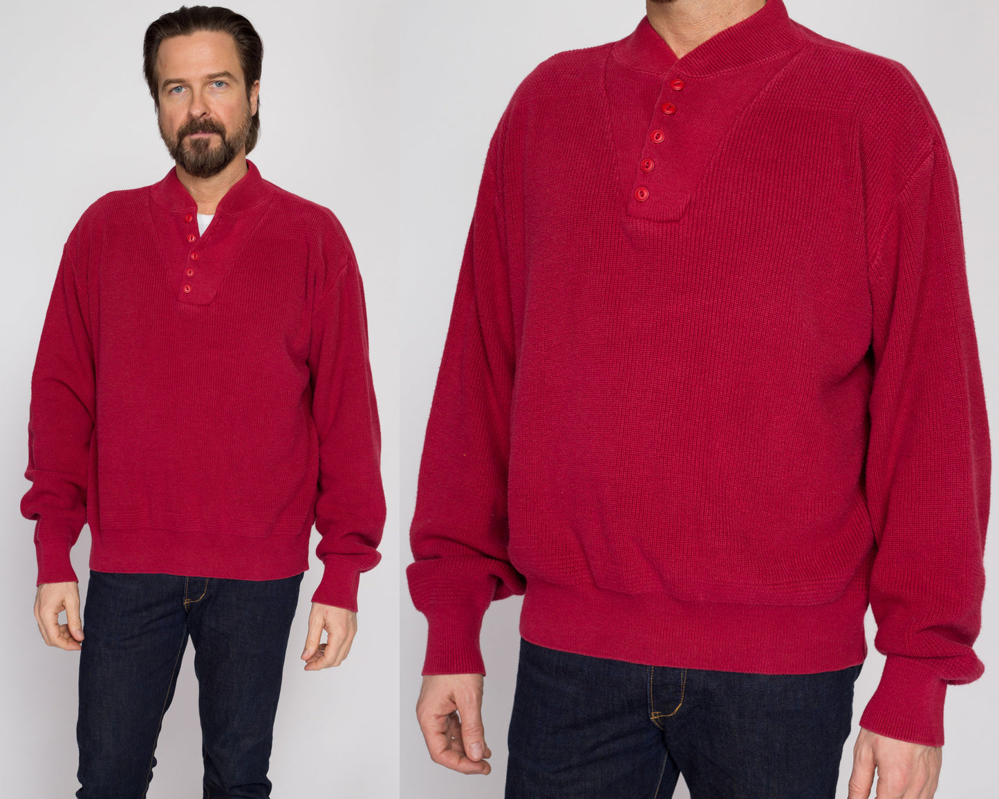Large 80s L.L. Bean Red Knit Henley Sweater | Vintage Button Up Long Sleeve Cotton Pullover