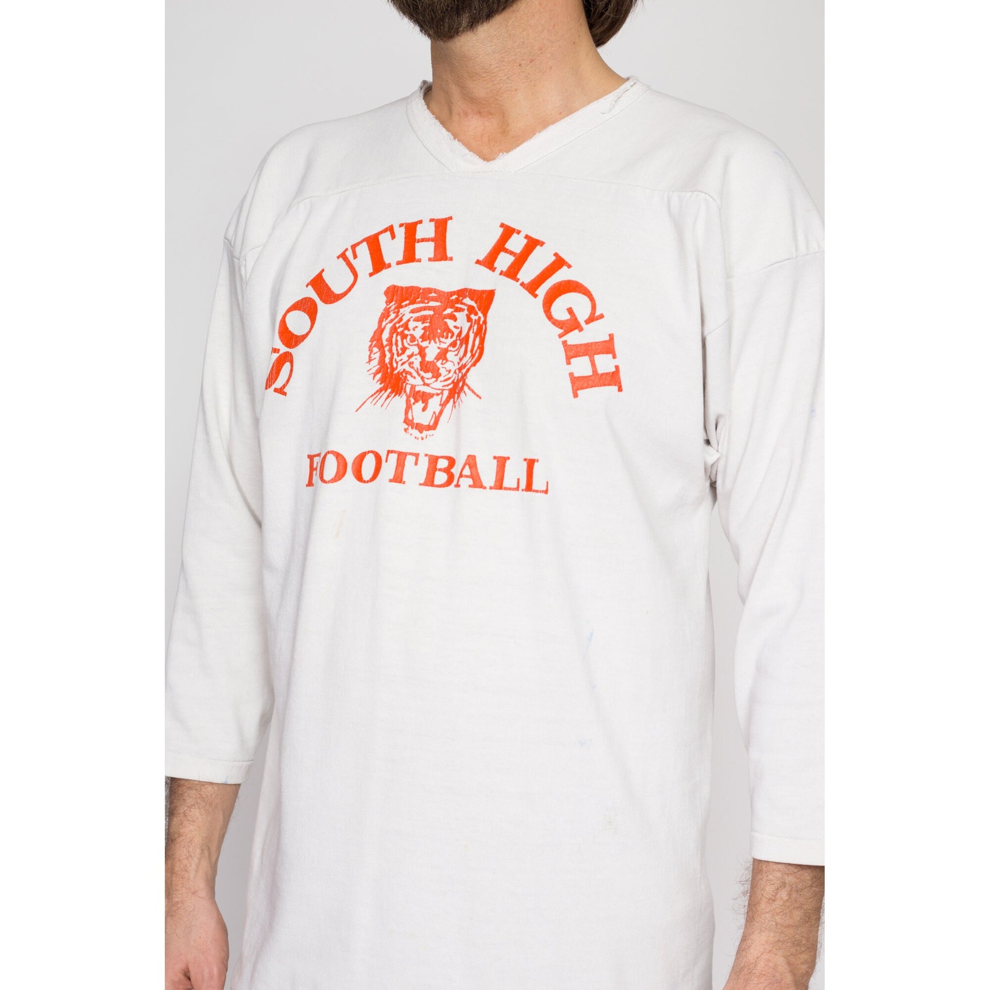 Large 60s South High Football Jersey | Vintage V Neck Cotton Knit Athletic Shirt