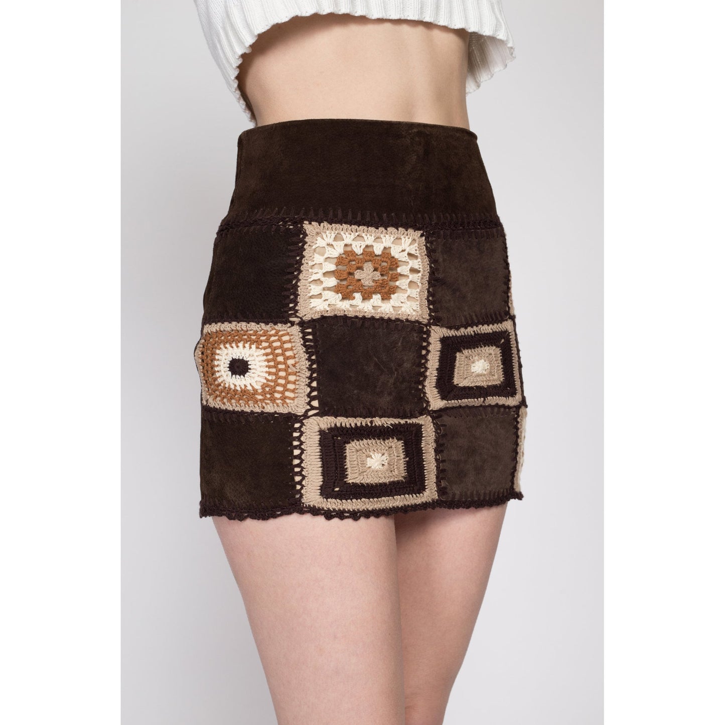 XS 90s Brown Suede Crochet Knit Mini Skirt | Vintage Mid Rise Boho Western Miniskirt